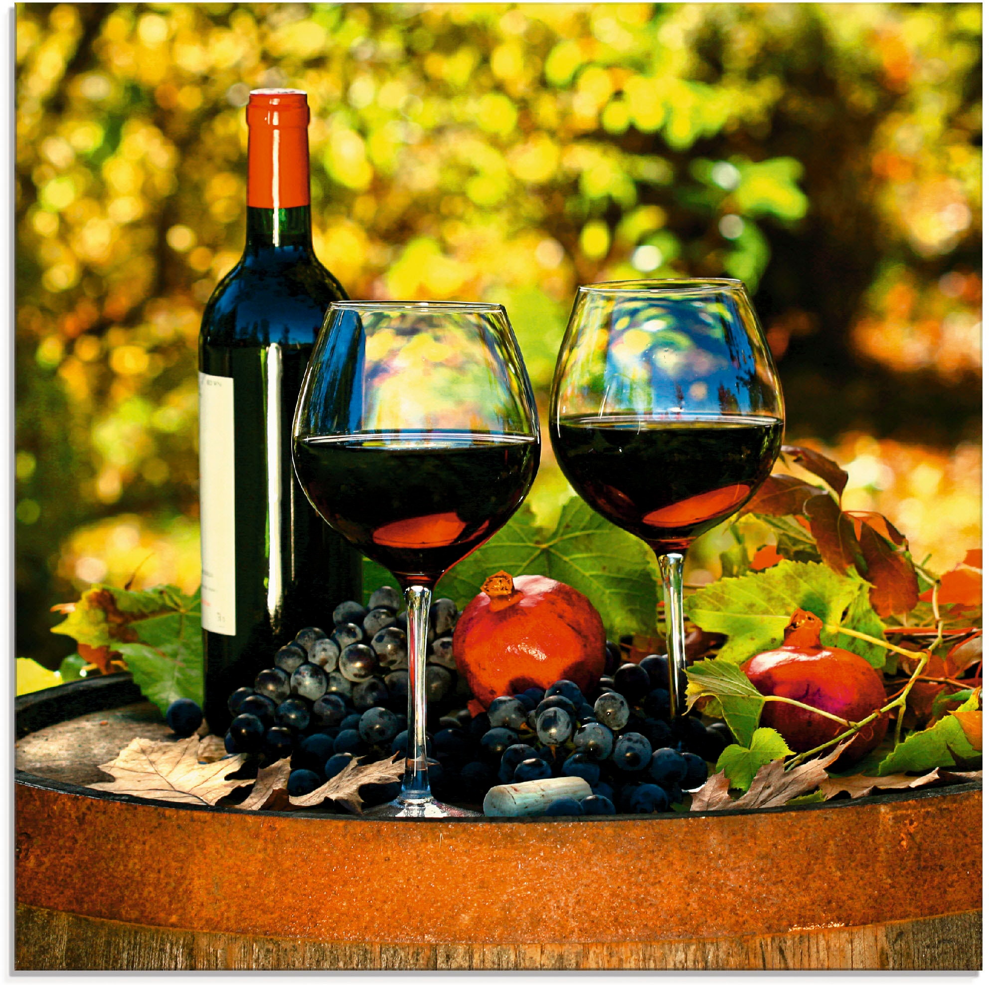 Glasbild »Gläser Rotwein auf altem Fass«, Getränke, (1 St.), in verschiedenen Grössen