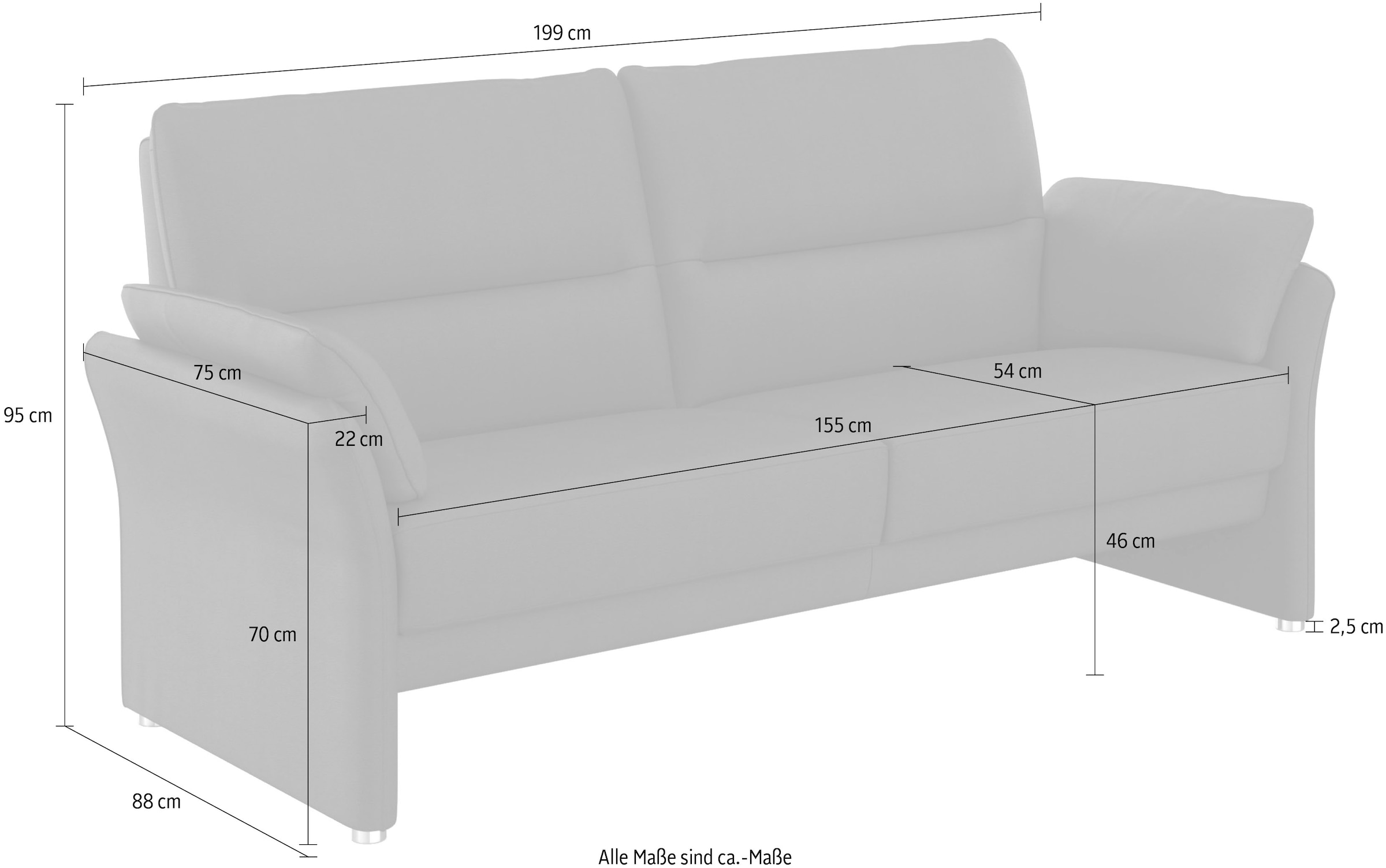 DOMO collection 2,5-Sitzer »Pina, schmale Armlehnen, mit Federkern, kompakt & elegant«, Hoher Sitzkomfort, Luxus-Microfaser Lederoptik, grau, Breite 199 cm