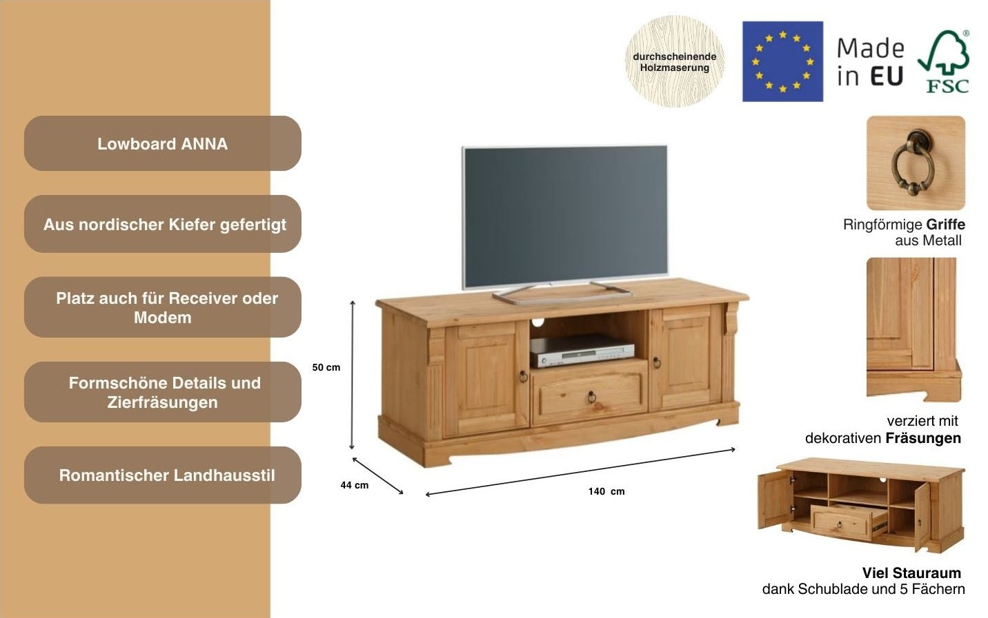 Home affaire Lowboard »Anna«, (Gesamtmasse (B/T/H): ca. 140/44/50 cm), TV-Board, Breite 140 cm, 2 Türen, 1 Schublade, Massivholz, FSC®