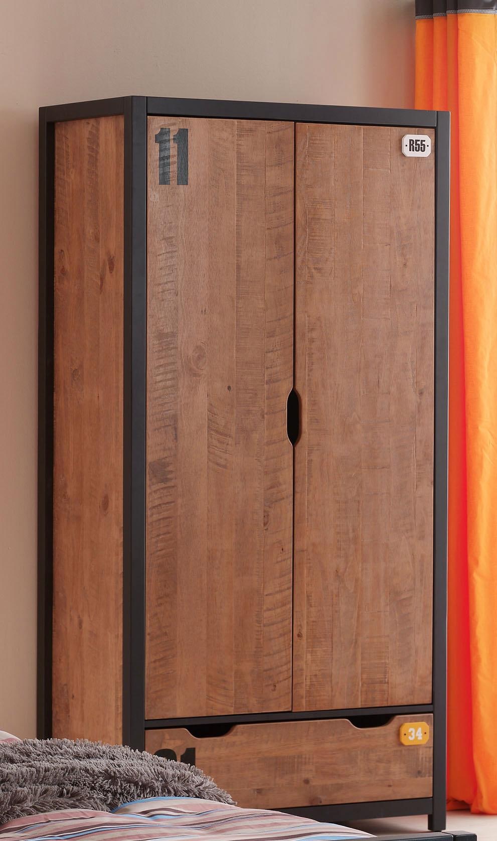 Vipack Drehtürenschrank »Alex, Fronten massiv Kiefer in Hobel-Optik, Dekor Ziffern«, (H/T ca. x200x55cm, Rahmen schwarz, wahlweise 2 Breiten), inkl. Schublade/n, innen mit Kleiderstange