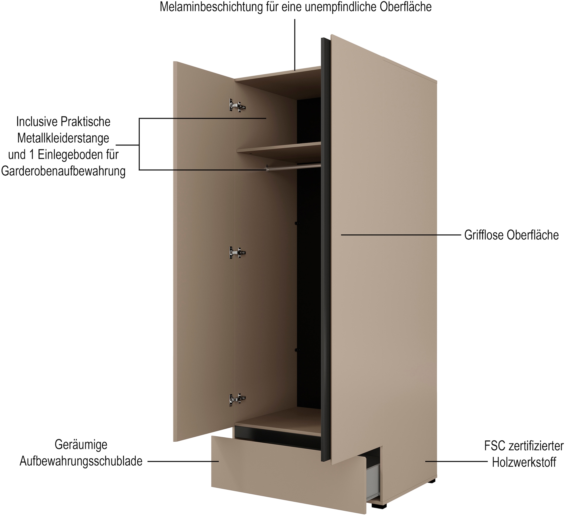 Home affaire Drehtürenschrank »Cross, moderner griffloser Kleiderschrank«, Wäscheschrank mit Schublade, Garderobe, Türen