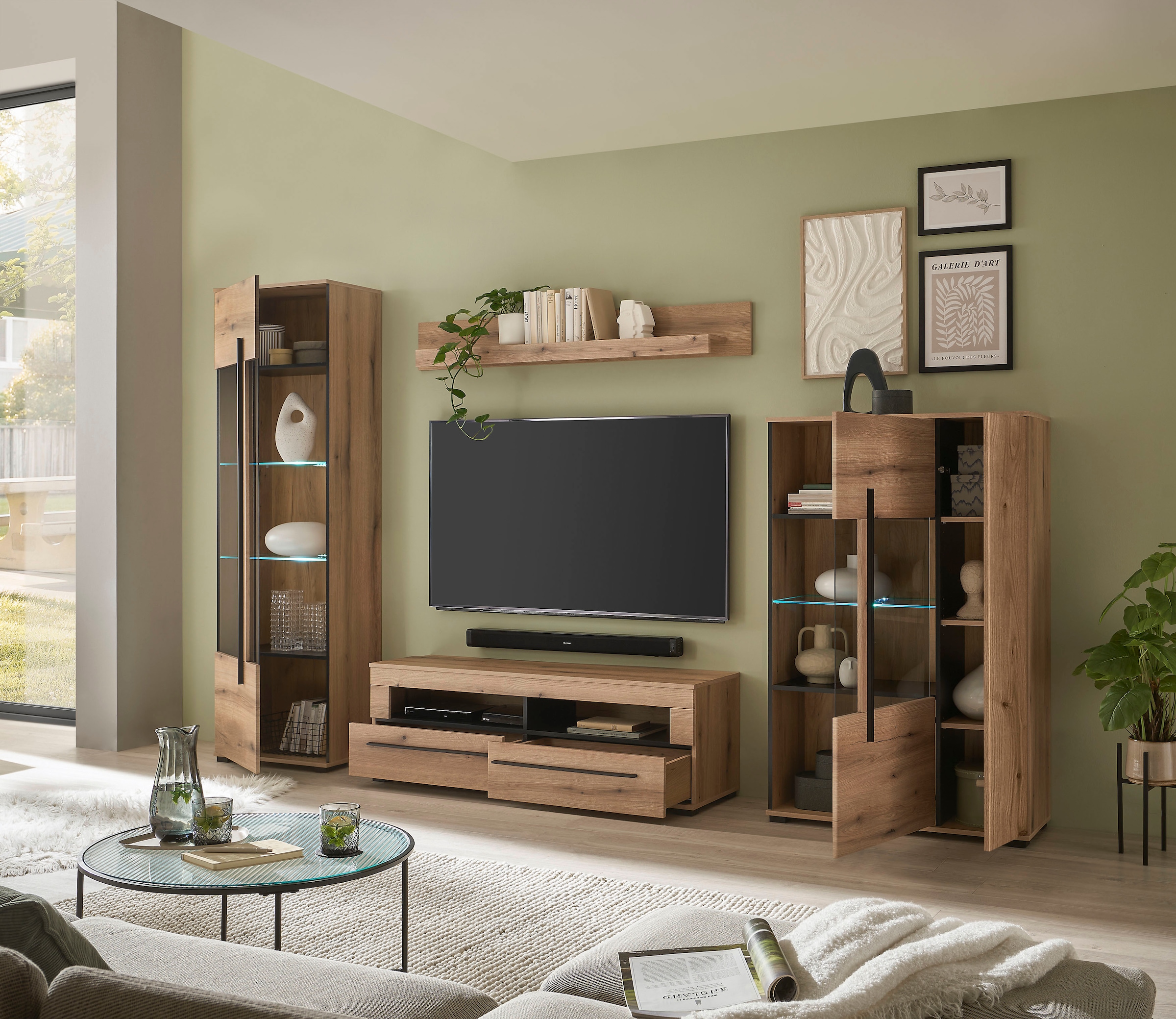 INOSIGN Wohnwand »Cantara, moderne Anbauwand, Wohnzimmer-Set, in Eiche Evoke oder Weiss«, (Set), enthält zwei Vitrinen, ein Lowboard und ein Wandboard