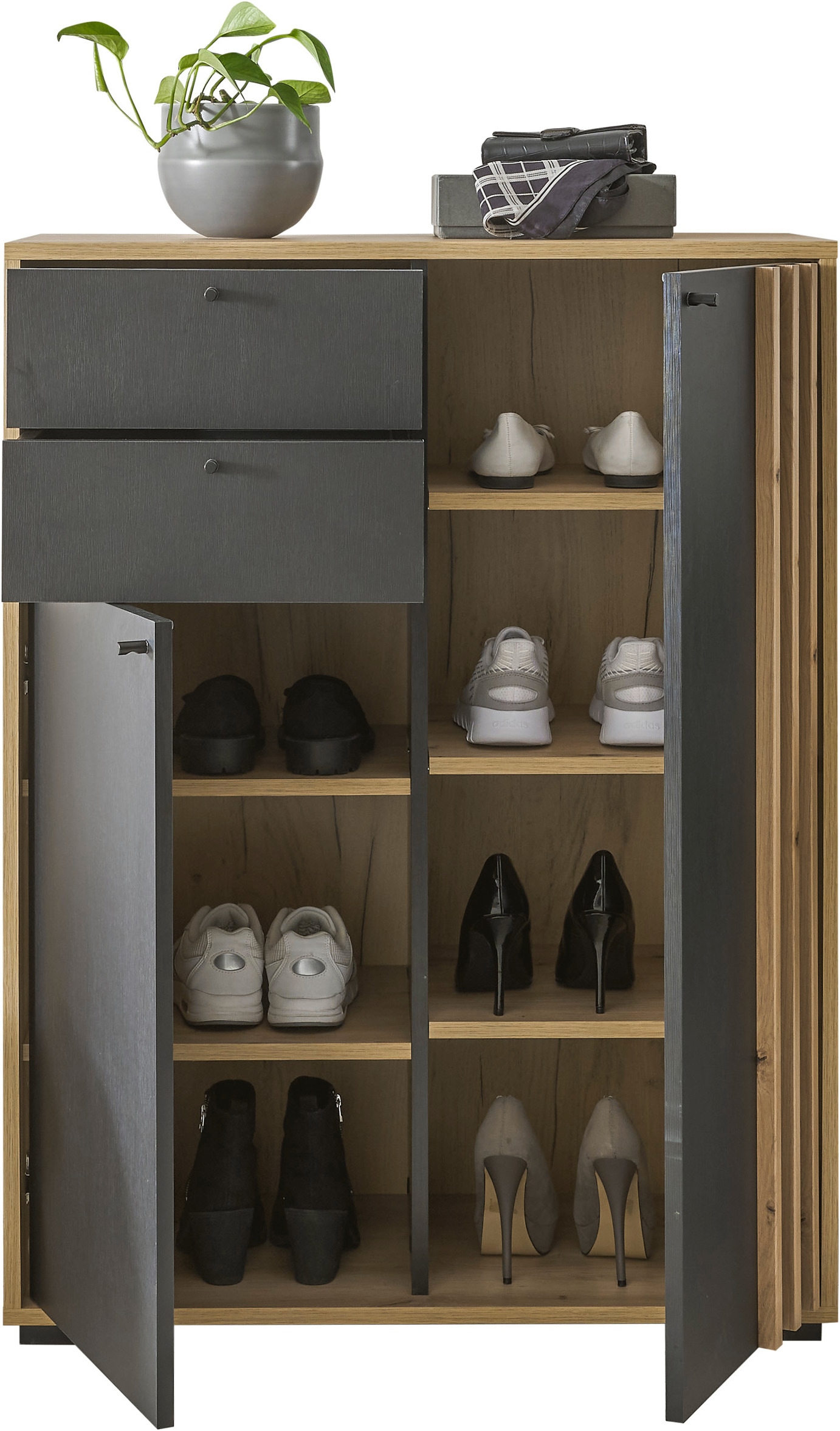 HBZ Schuhschrank »Volano in schwarz, BxHxT 80x106x38 cm«, (1 St.), Mit 2 Türen, 2 Schubkästen, 5 Einlegeböden