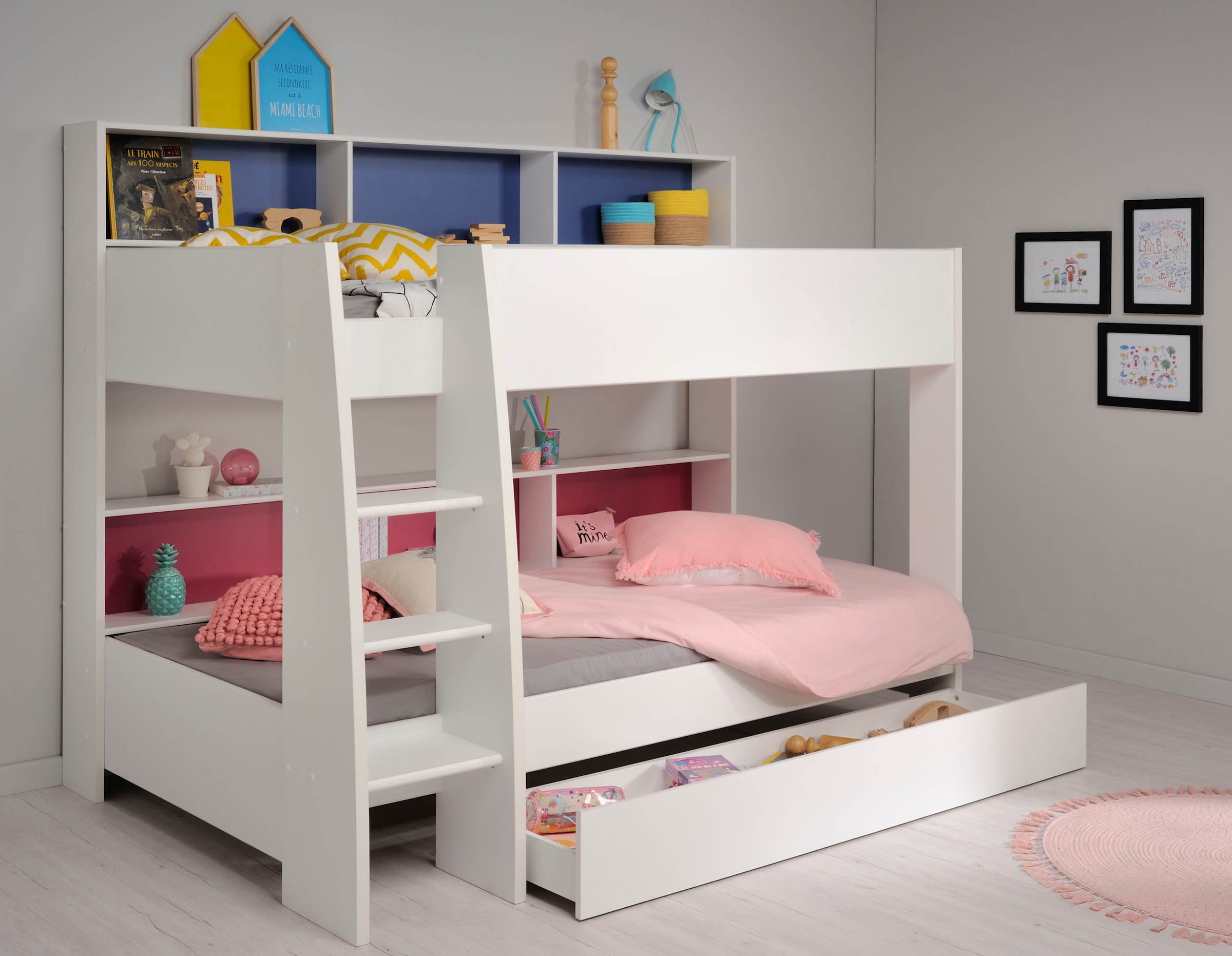 Parisot Etagenbett »Tam Tam, Stockbett, farbig hinterlegte Regale, mit Bettkasten«, viel Stauraum, toll für kleine Räume, TOPSELLER!