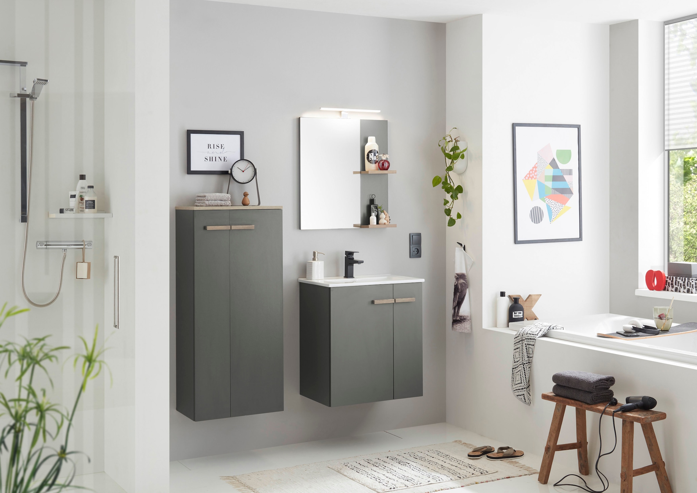 Places of Style Badmöbel-Set »SOLiD, Badmöbel-Set, Bad im modernen Design, 3-teiliges Badezimmer«, (3 St.), Waschtisch mit Waschbecken, Midischrank, Breite 130 cm