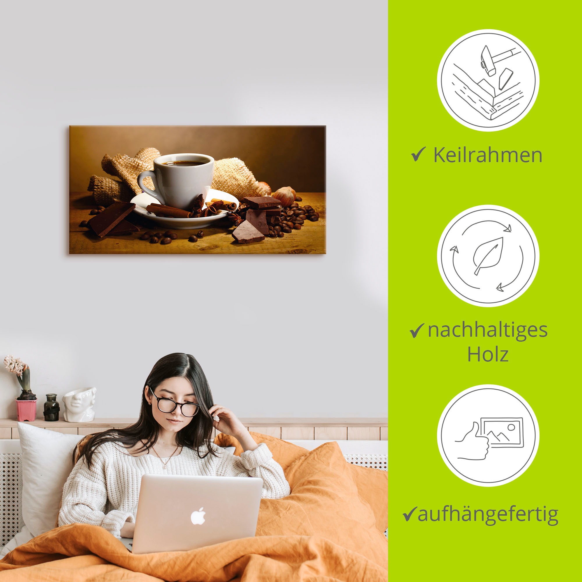 Artland Wandbild »Kaffeetasse Zimtstange Nüsse Schokolade«, Getränke, (1 St.), als Leinwandbild, Poster, Wandaufkleber in verschied. Grössen