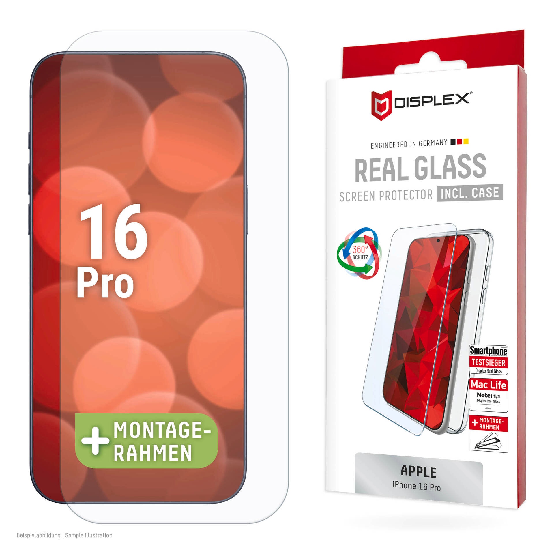 Displex Displayschutzglas "Real Glass Screen Protection + Case" für Apple iPhone 16 Pro Displayschutzfolie, Schutzfolie, Bildschirmschutz, kratz- & stossfest