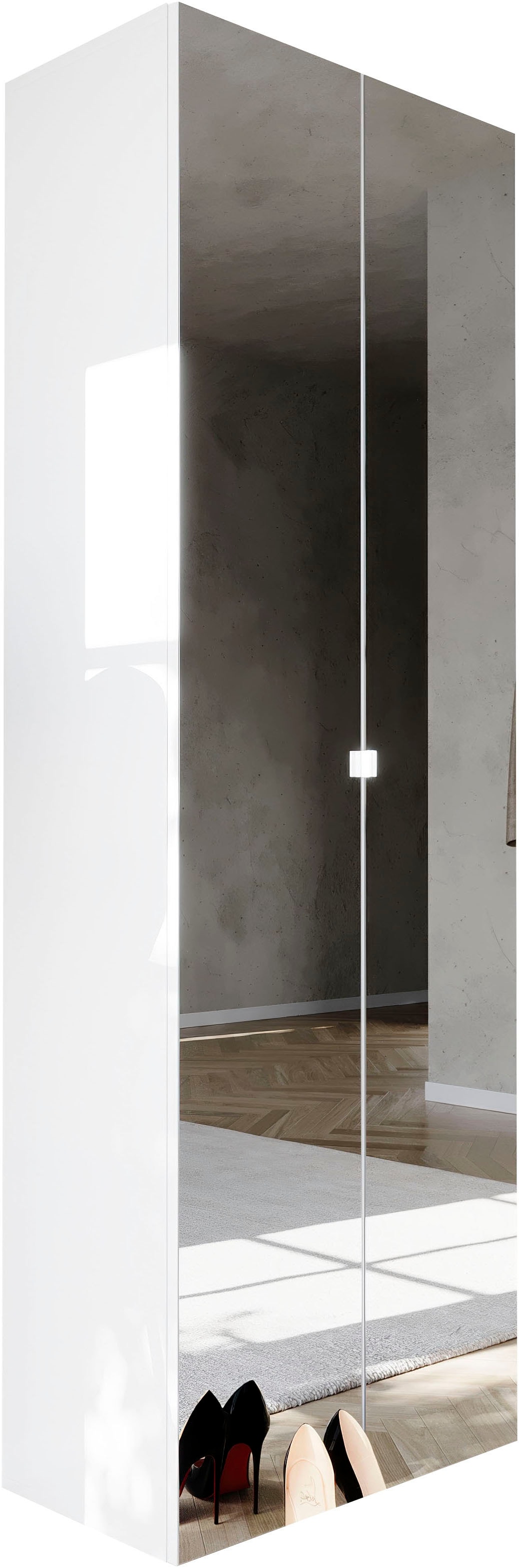 INOSIGN Schuhschrank »SMILE Höhe 184 cm, Weiss Hochglanz lackiert mit 2 Spiegeltüren,«, Schuhregal mit 7 Ebenen, Metallgriff, viel Stauraum, 4 Böden variabel