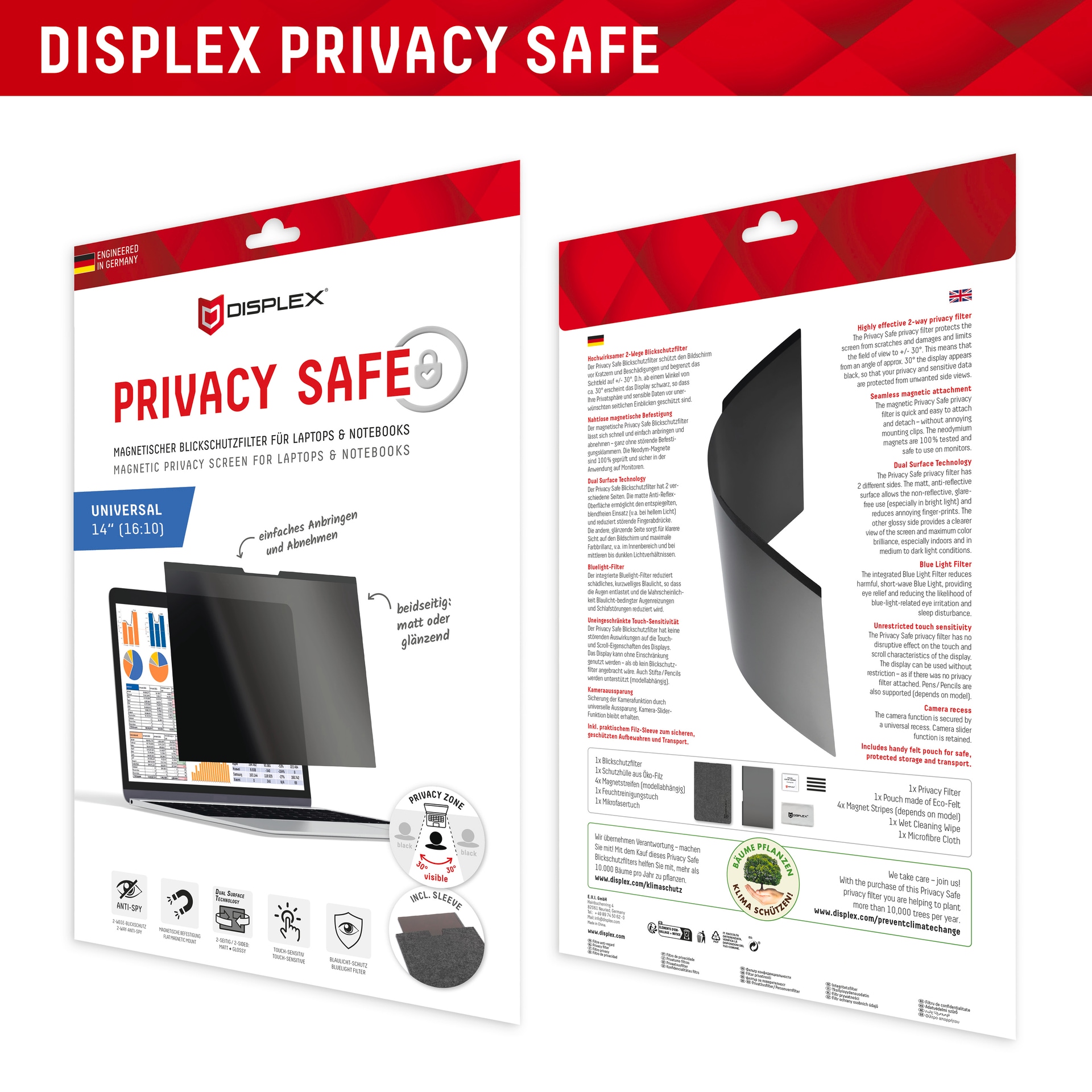 Displex Displayschutzfolie »Privacy Safe Universal (magnetisch) 14 Zoll 16:10«, Displayschutz, Schutzfolie, Bildschirmschutz, kratz- & stossfest