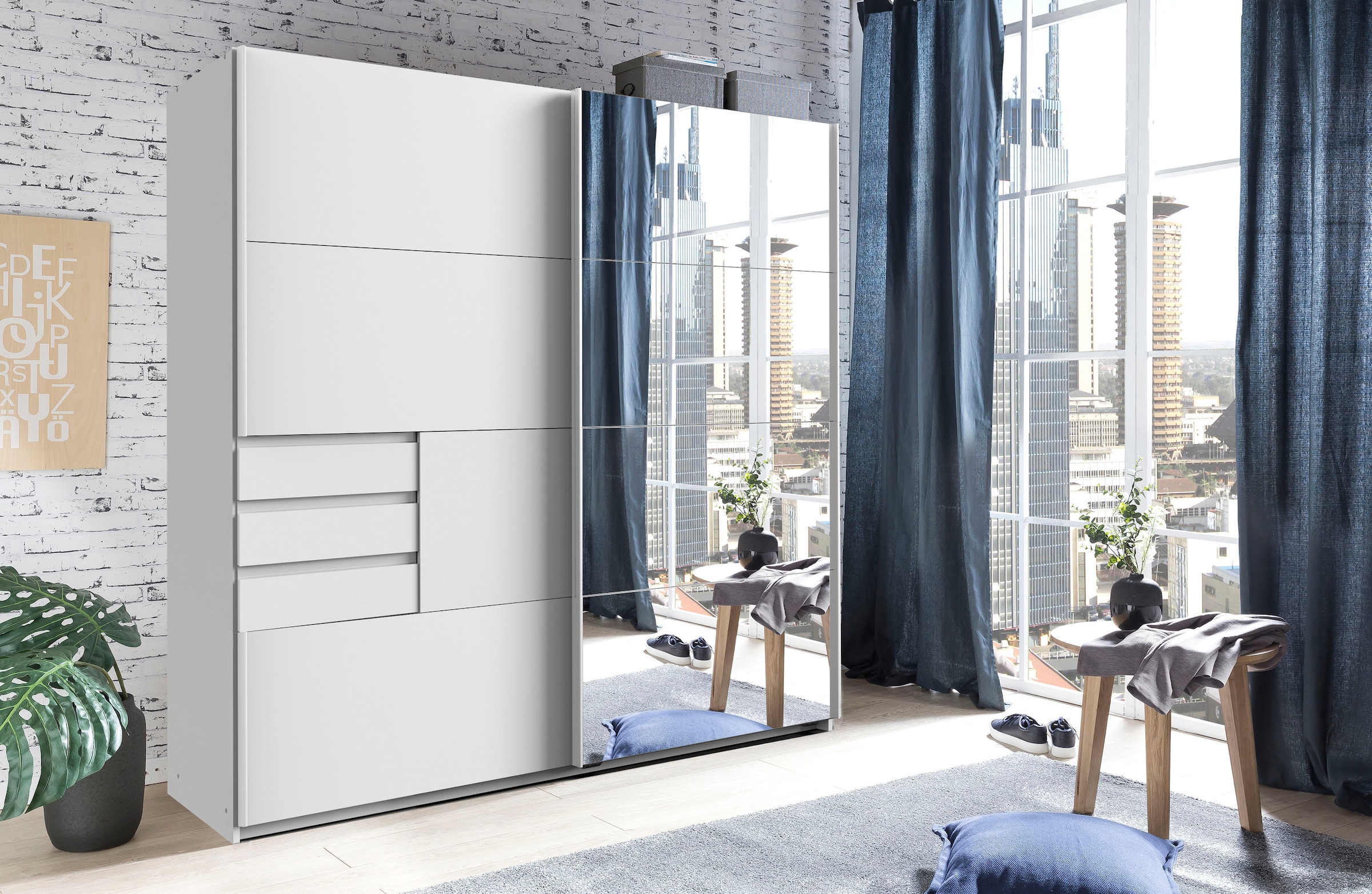 Wimex Schwebetürenschrank »Oldenburg, Kleiderschrank mit Spiegel in weiss, 3 Schubladen«, (B/T/H: 180/64/198cm, inklusive geräumigen Innenleben, Made in Germany), mit Spiegel