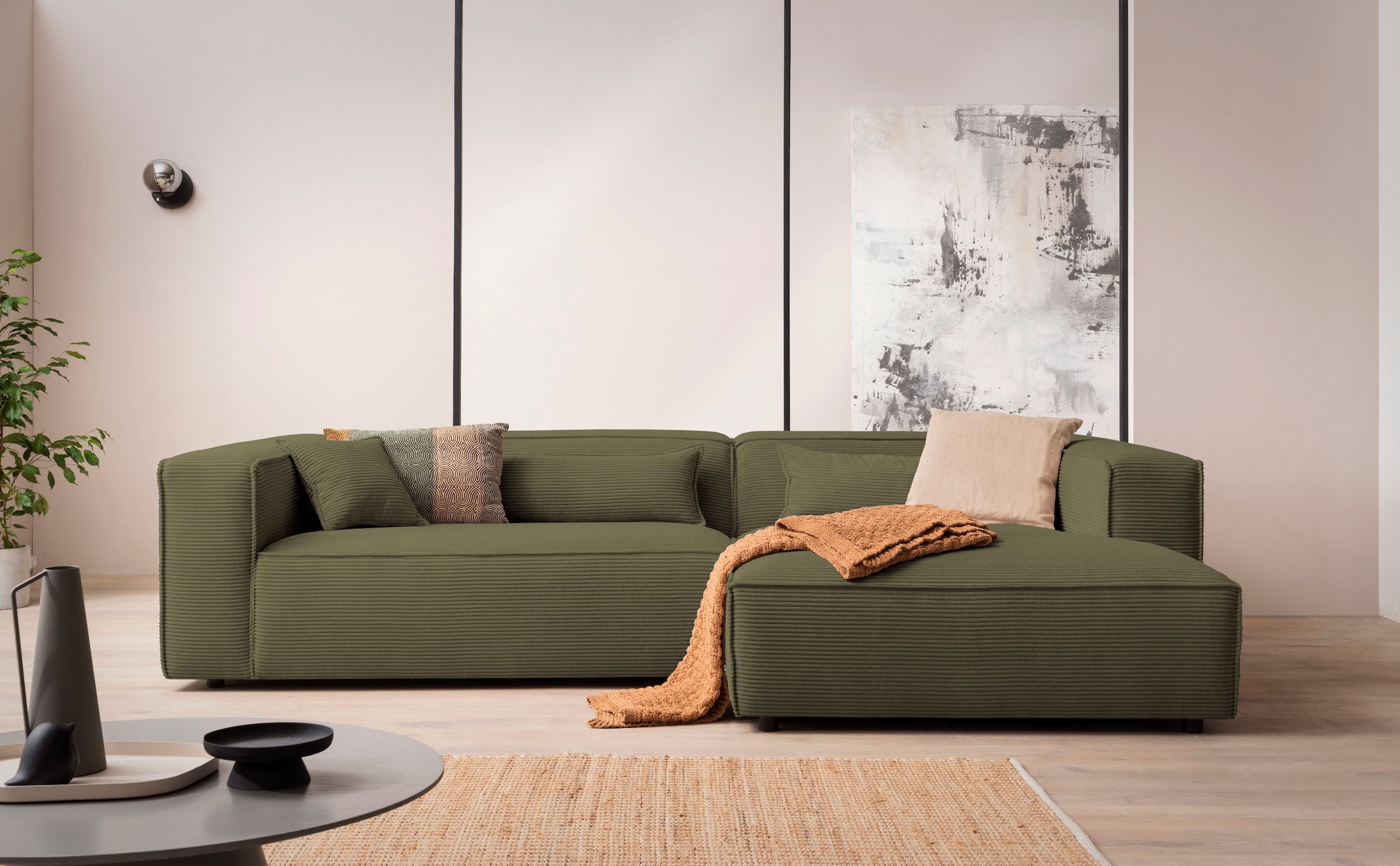 LeGer Home by Lena Gercke Ecksofa »PIARA XXL, Big-Sofa in Cord oder Leinenoptik, L-Form, mit Kedernaht«, wahlweise Ottomane rechts/links, schwarze Füsse, extra tiefe Sitzfläche