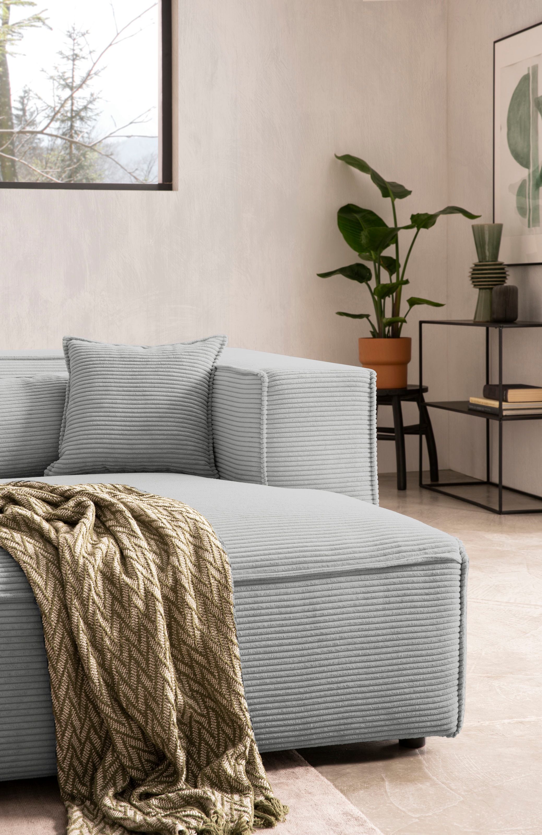 LeGer Home by Lena Gercke Ecksofa »PIARA mit Kedernaht in Cord oder Leinenoptik, moderne Couch in L-Form«, wahlweise Ottomane rechts/links, schwarze Füsse, bequemer Sitzkomfort