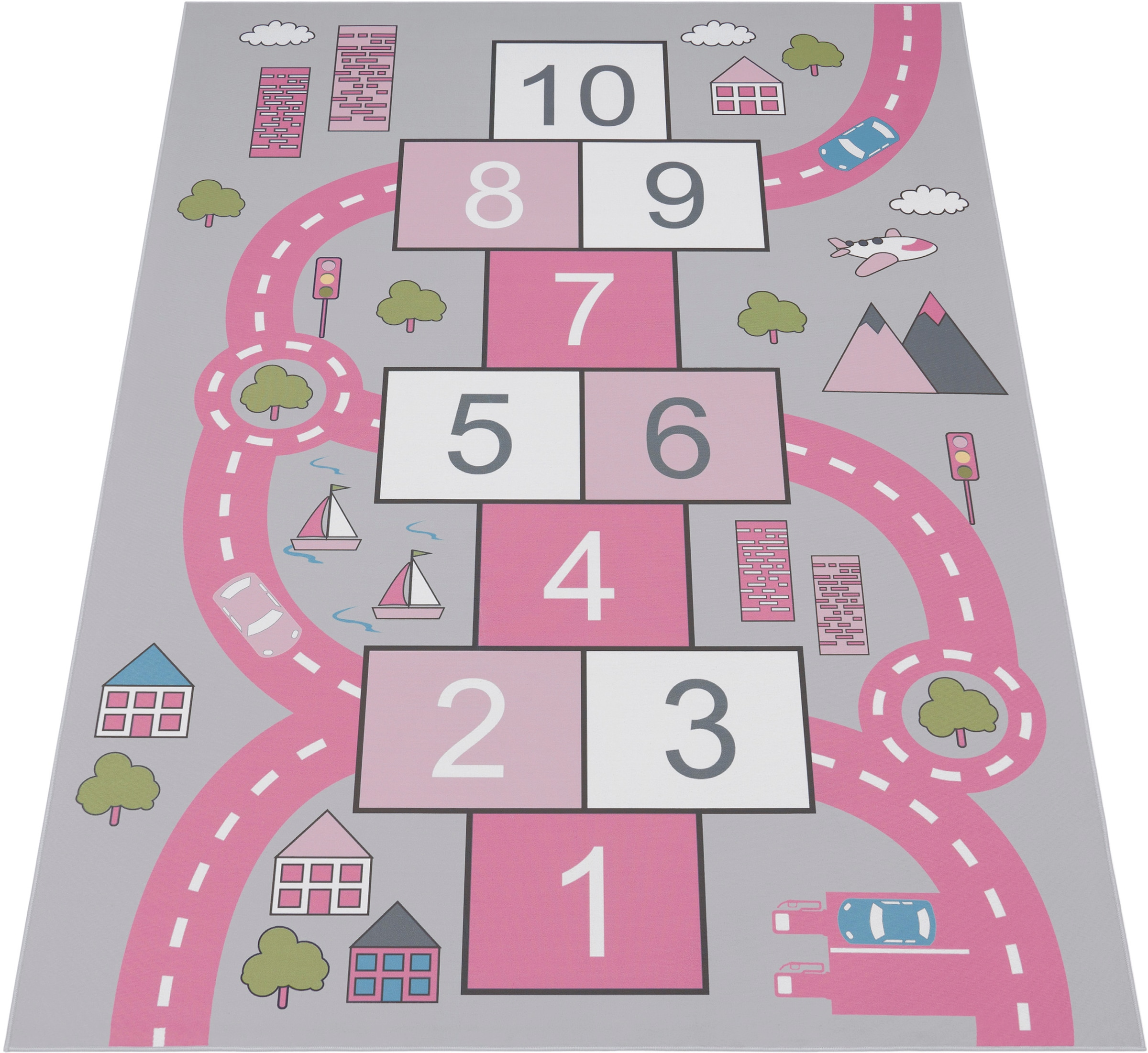Paco Home Kinderteppich »Bino 569«, rechteckig, 4 mm Höhe, Kurzflor, Strassen-Spiel-Teppich & Motiv Hüpfkästchen "Himmel & Hölle"
