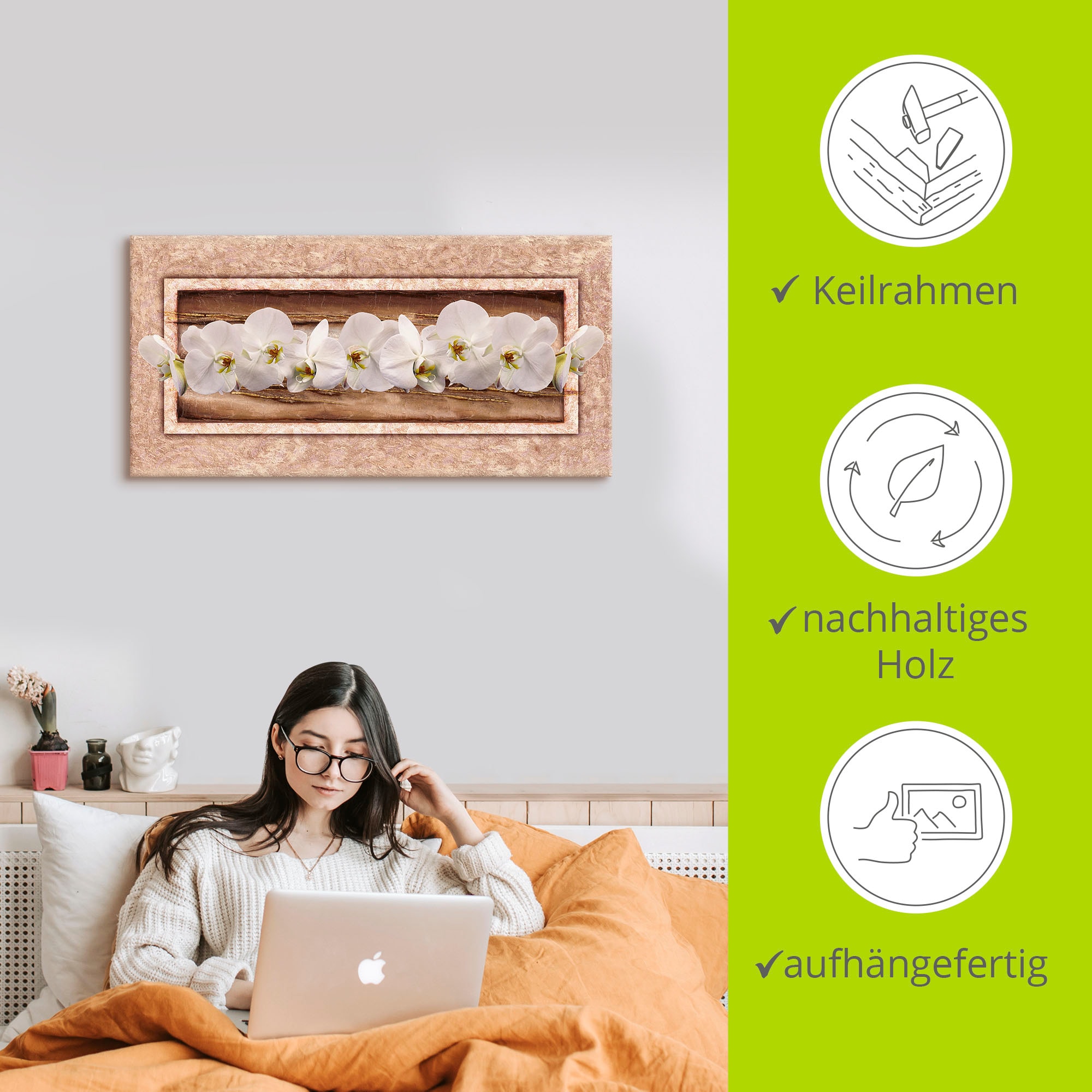 Artland Leinwandbild »Weisse Orchideen braun gold«, Blumen, (1 St.), auf Keilrahmen gespannt
