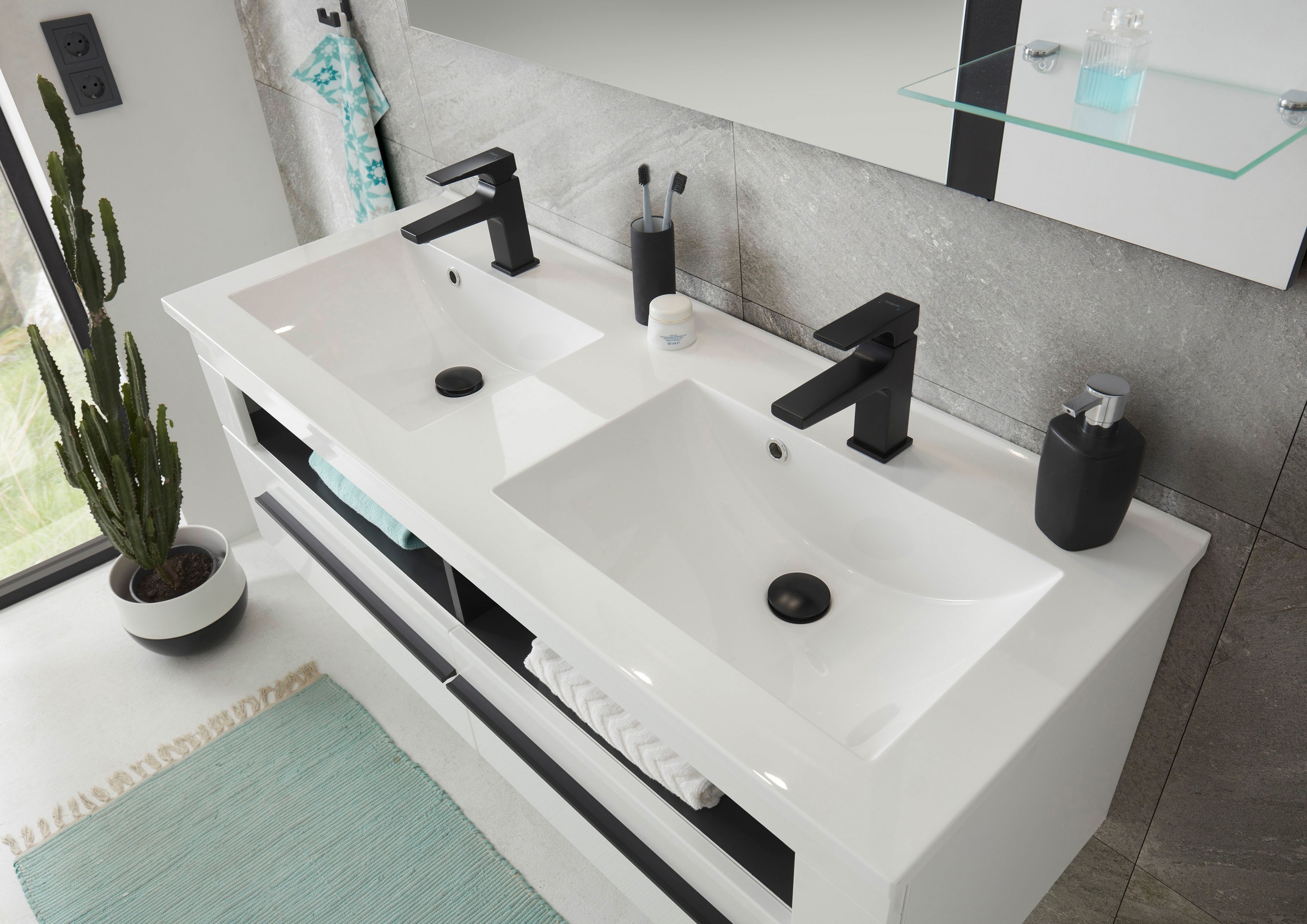 INOSIGN Waschtisch »Cantara, Waschtisch inkl. Waschbecken, modernes Design«, mit schwarzen Griffen, ausreichend Stauraum