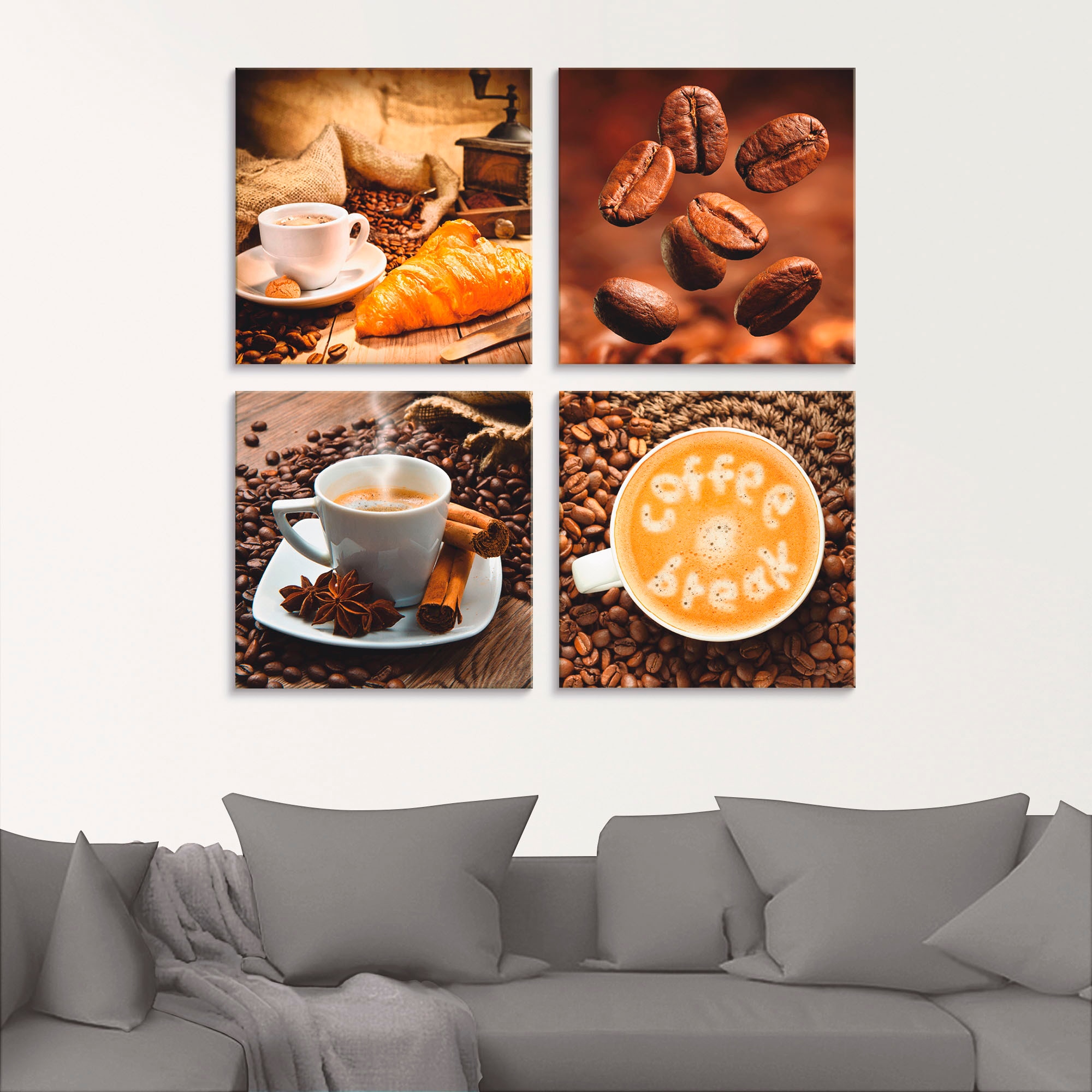 Artland Glasbild »Kaffeetasse Croissant Kaffeebohnen«, Getränke, (4 St.), in verschiedenen Grössen