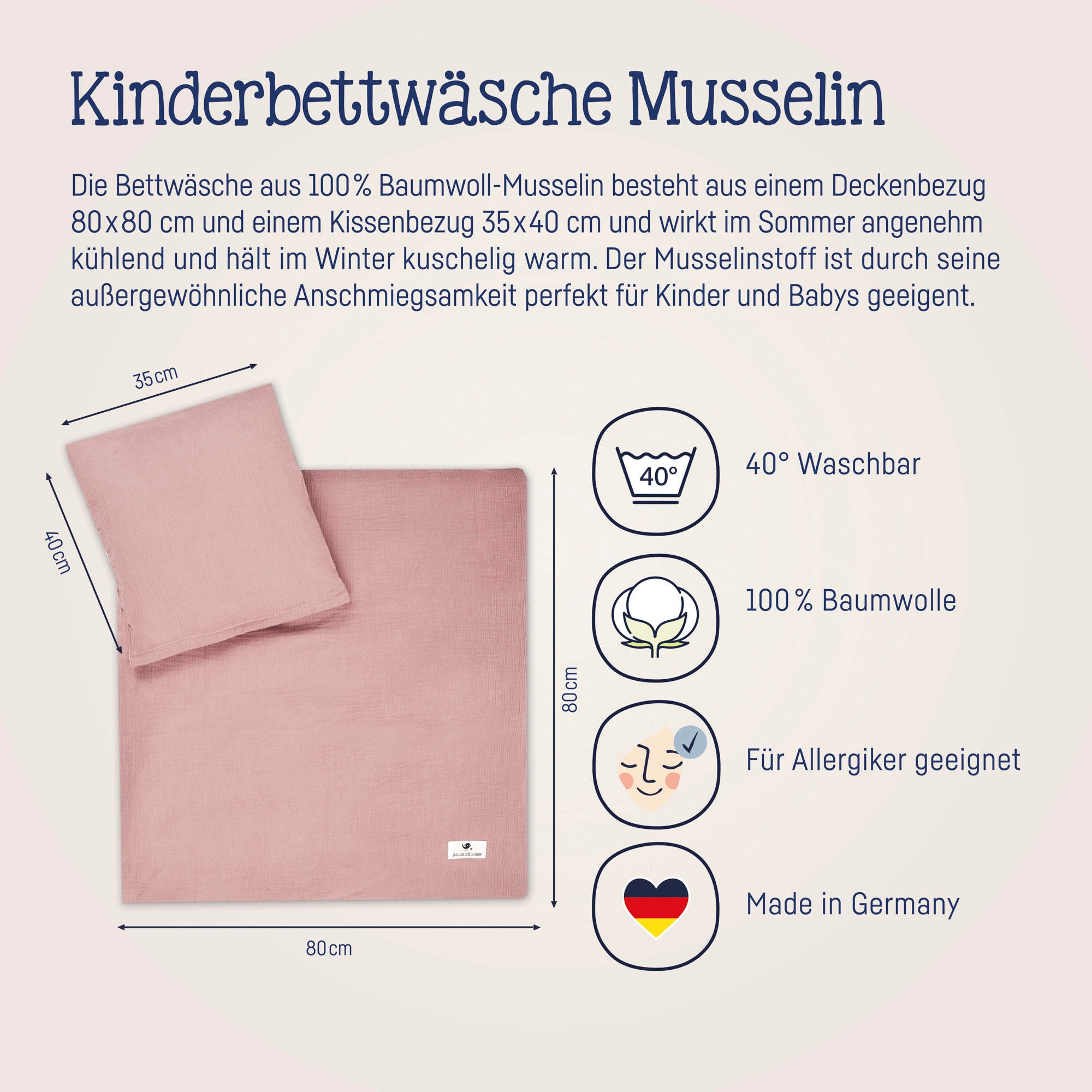 Julius Zöllner Kinderbettwäsche »Baby- und Kinderbettwäsche aus 100% Musselin«, erhältlich in den Grössen 80x80+35x40cm und 100x135+40x60cm