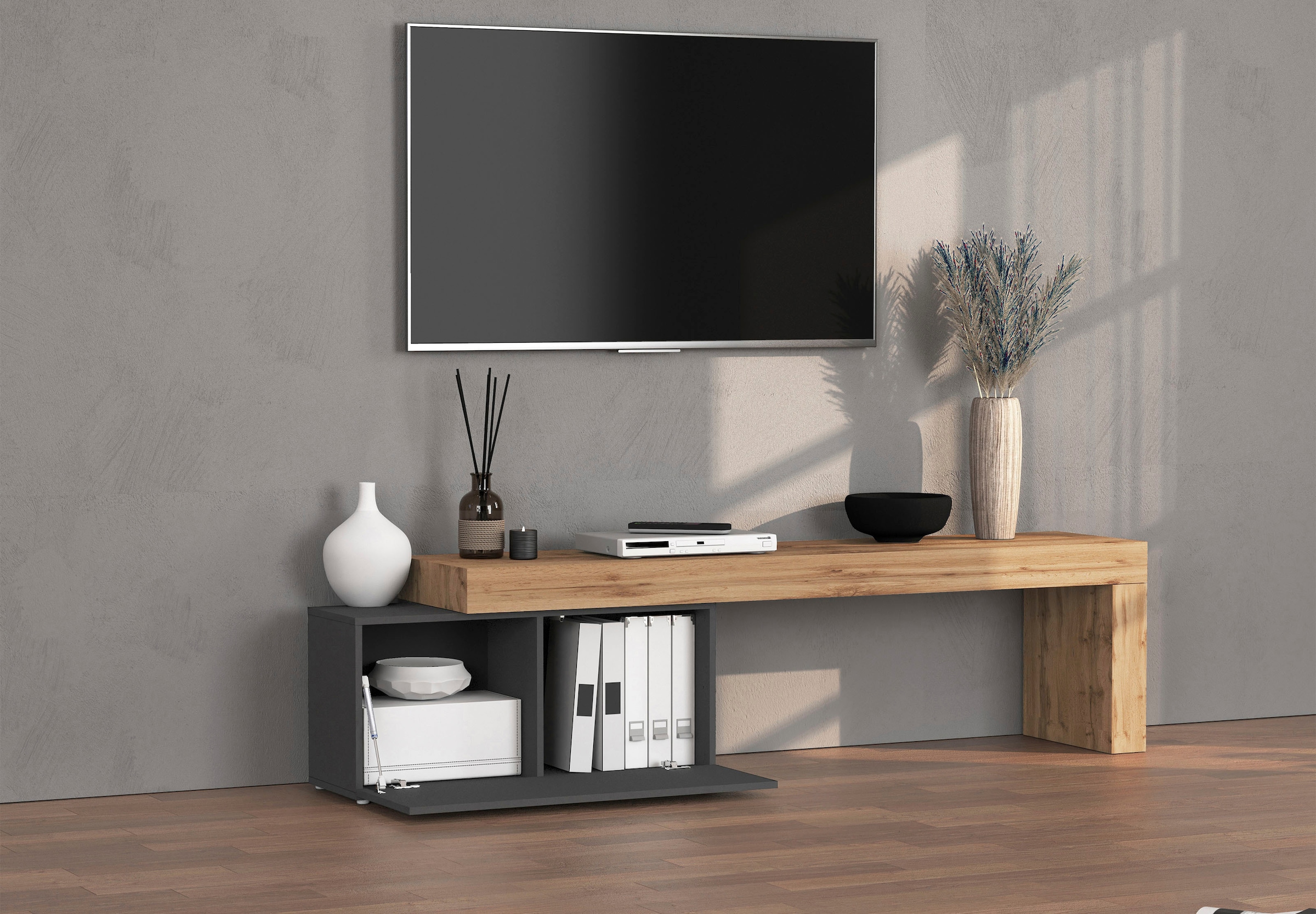 INOSIGN Lowboard »Chronos TV-Board, TV-Schrank«, (1 St., Breite verstellbar von 180 bis 260 cm), Breite 220 cm TV-Board,Lowboard,1 Klappe und ein L-Förmiger Aufsatz