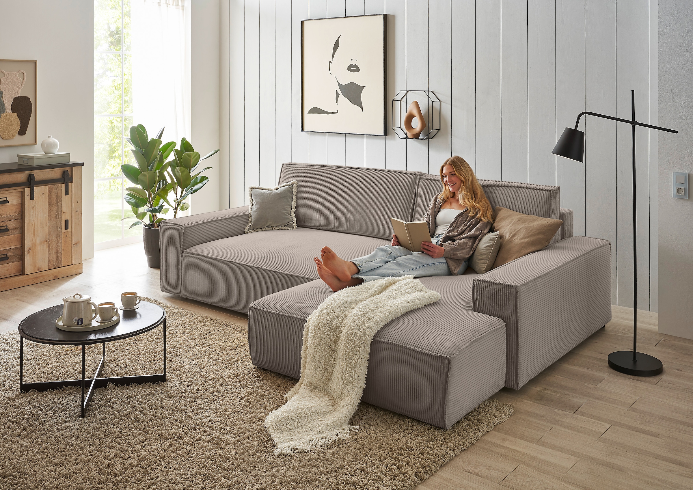 Home affaire Ecksofa »NEU: SHERWOOD XXL 284, Big-Sofa L-Form, tiefe Sitzfläche 95 cm, Cord«, Recamiere rechts/links, als Schlafsofa stellbar, Cord u. Leinenoptik