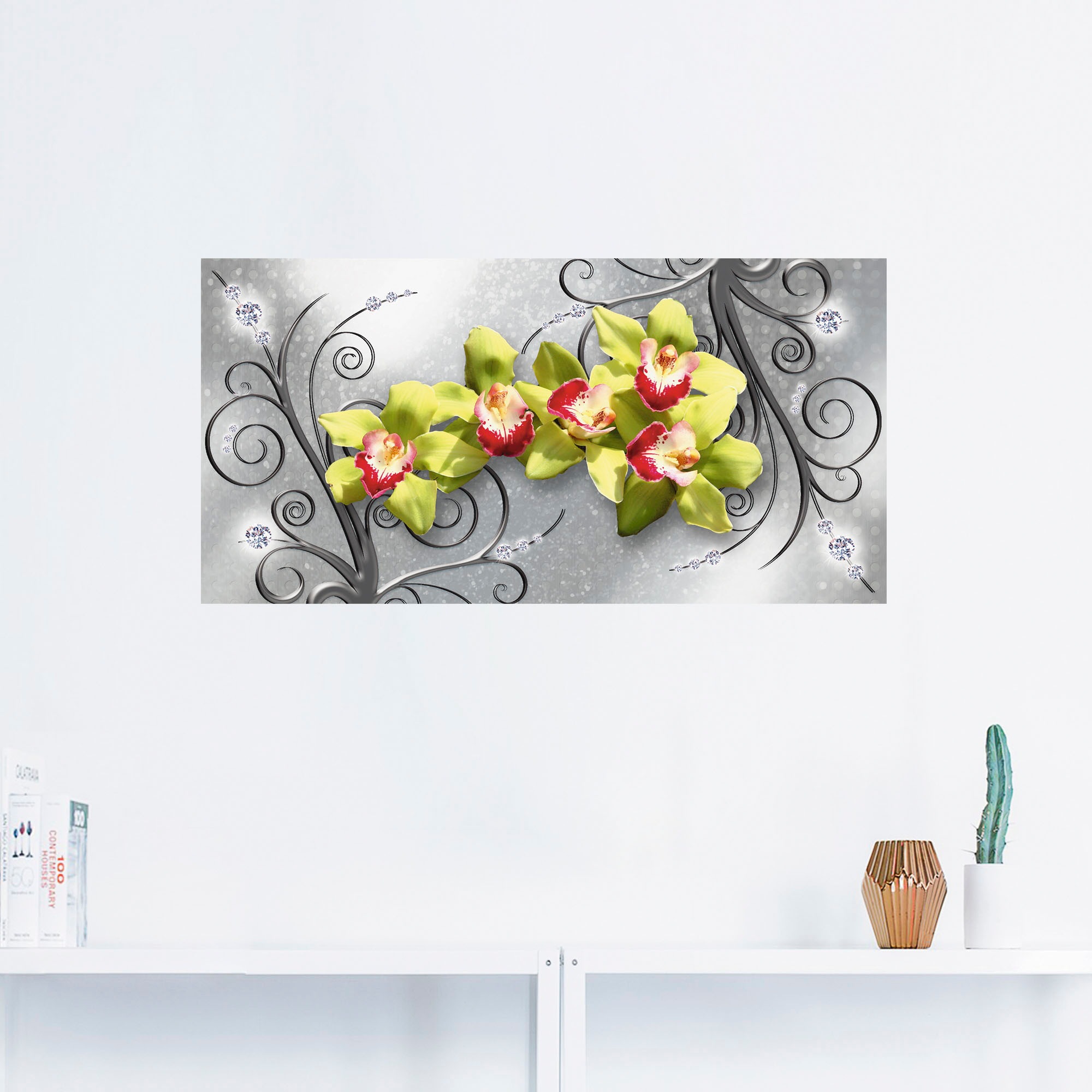 Artland Wandbild »Grüne Orchideen auf Ornamenten«, Blumenbilder, (1 St.), als Alubild, Outdoorbild, Leinwandbild, Poster, Wandaufkleber