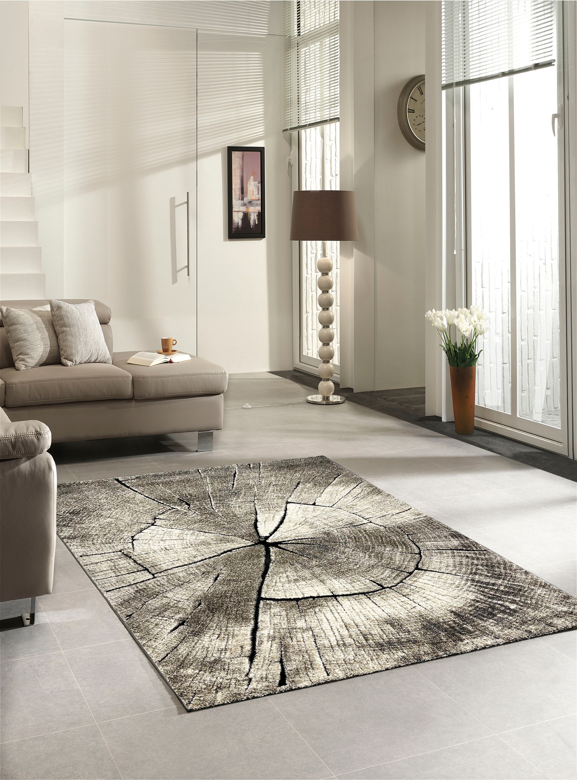 Teppich »Ibiza 605«, rechteckig, Wohnzimmer, Baumstamm Motiv, Holz Optik