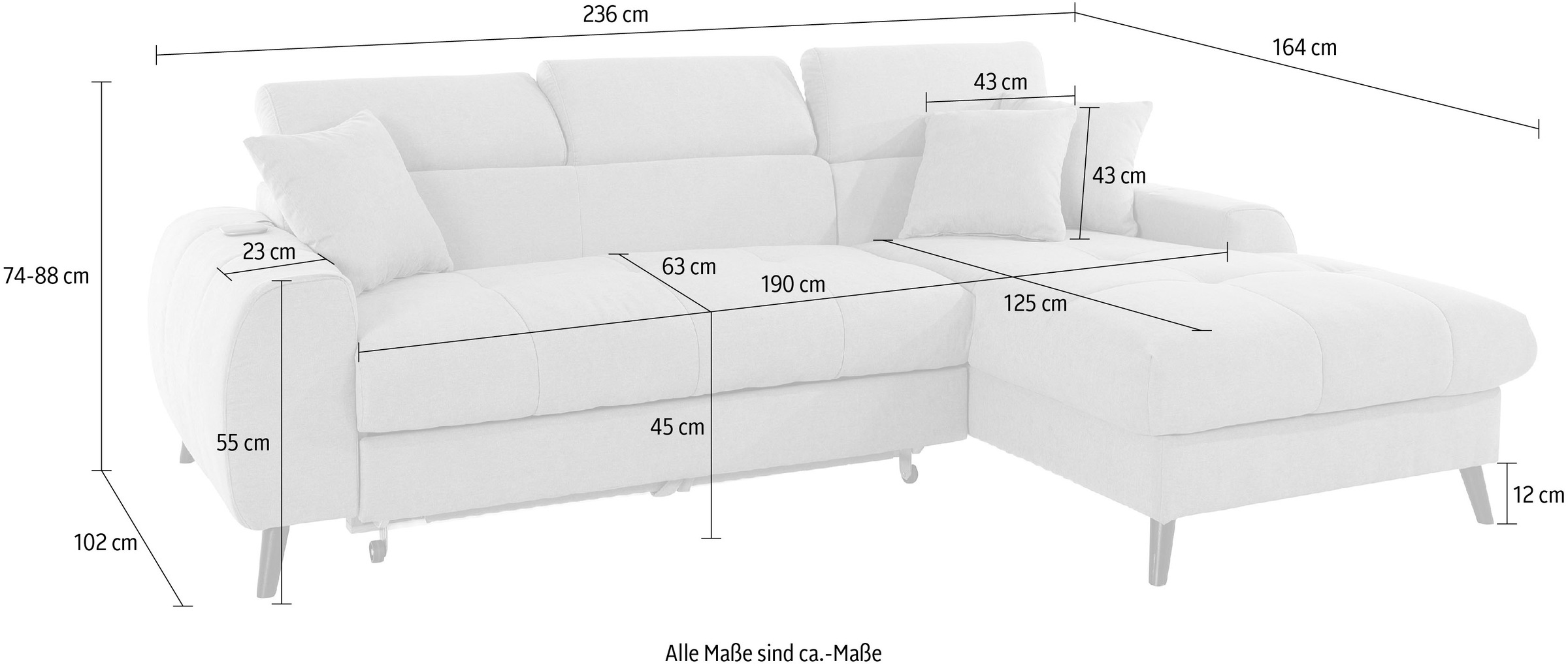 COTTA Ecksofa »Mia L-Form«, 3-tlg.-Kissen-Set, Recamiere, wahlweise mit oder ohne RGB-Beleuchtung