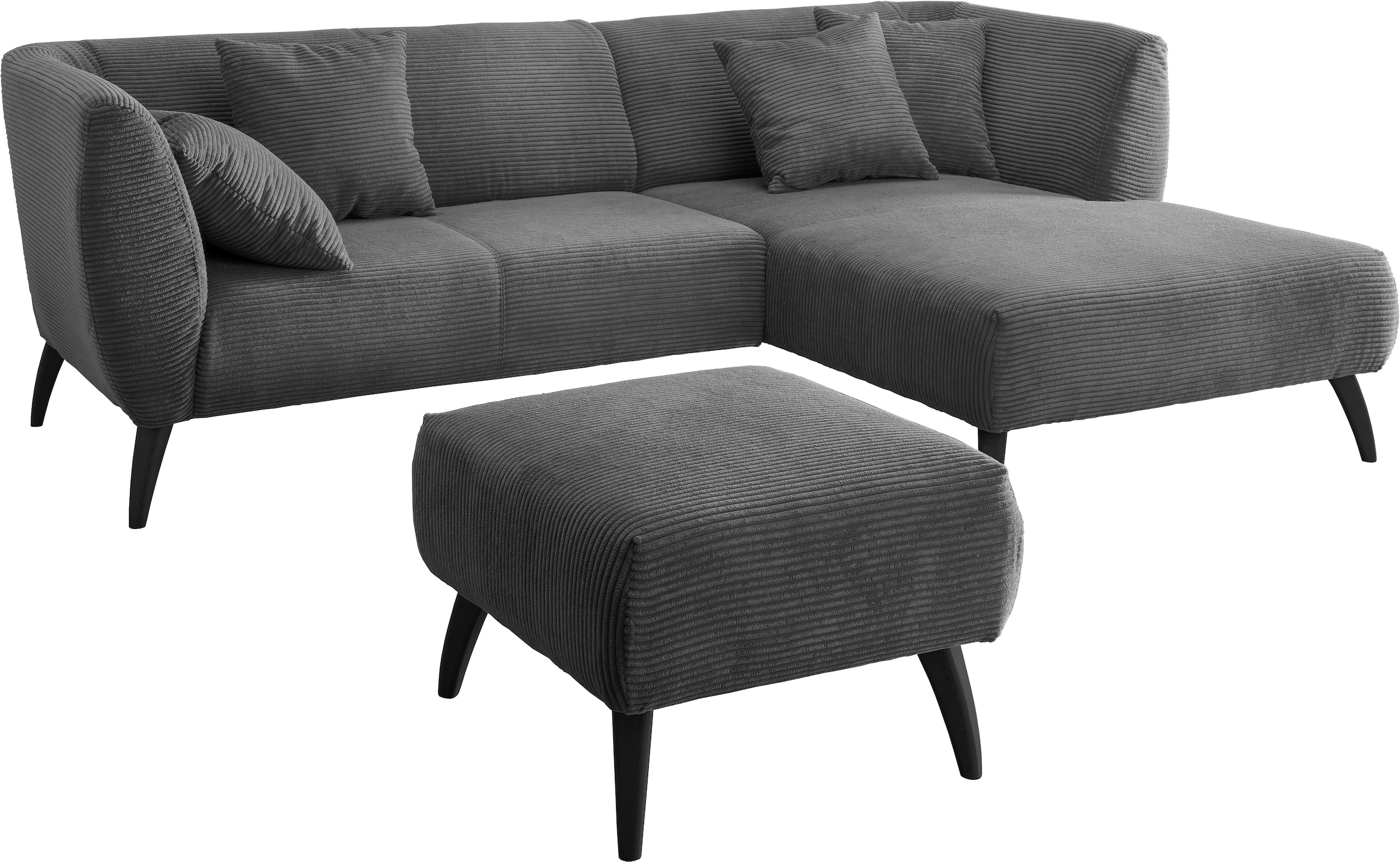 INOSIGN Ecksofa »Colori Polstermöbel mit zeitlos eleganter Rückenführung. L-Form«, Holzfussfarbe wählbar, inkl. 4x Zierkissen