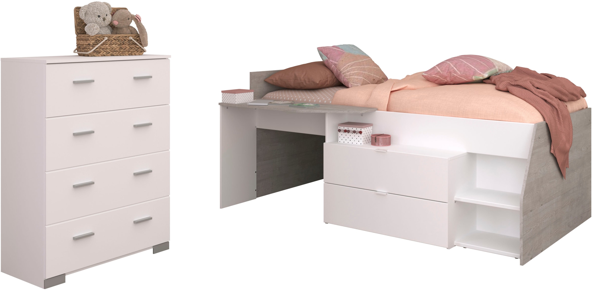 Parisot Jugendzimmer-Set "Parisot Milky 16" 2 Stk. tlg. viel Stauraum, halbhohes Hochbett