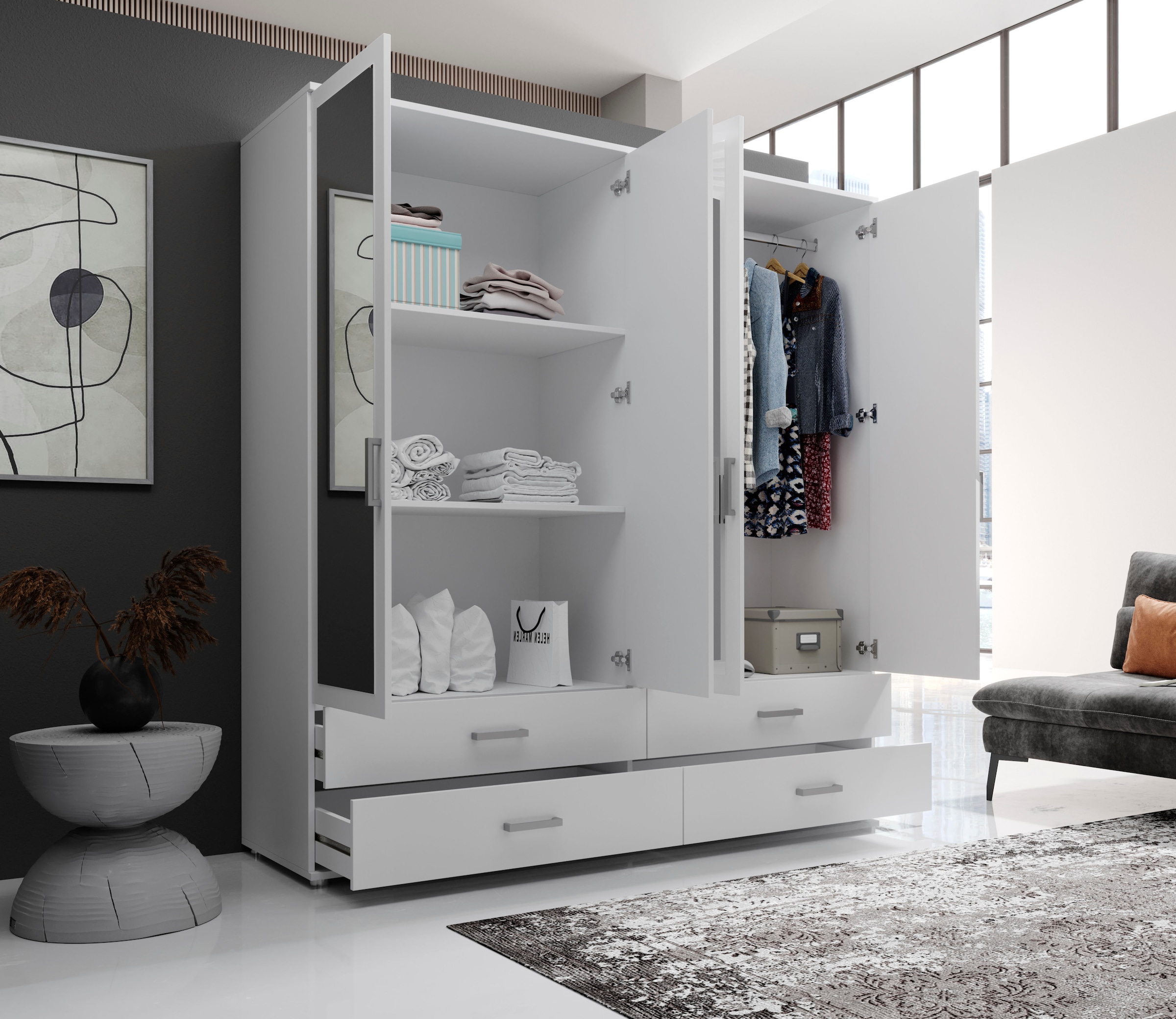 Schlafkontor Drehtürenschrank »Ivar Kleiderschrank mit Spiegel«, inklusive 2 Spiegeltüren und 4 farblich abgesetzten Schubkästen