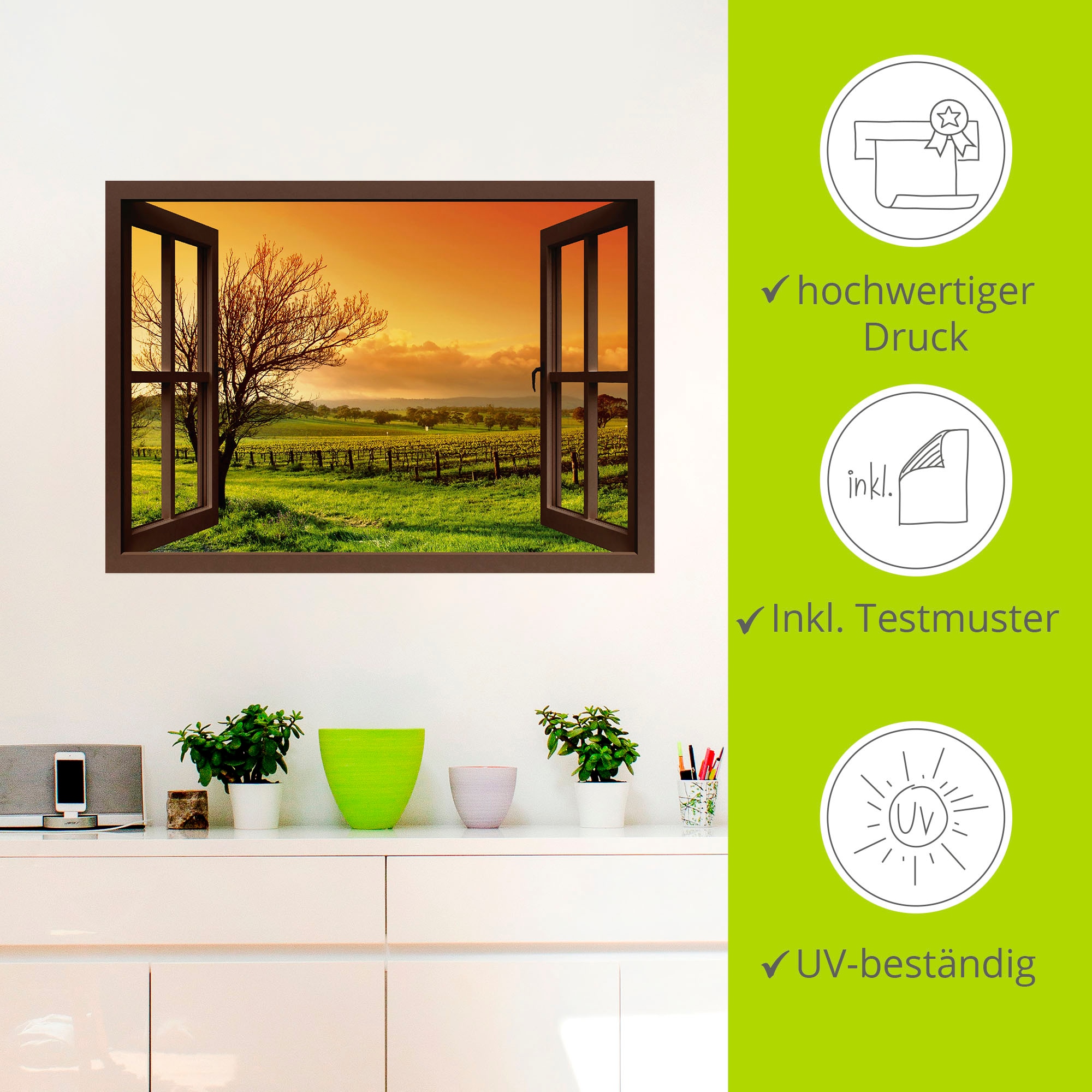 Artland Wandbild »Fensterblick - Landschaft mit Weinbergen«, Fensterblick, (1 St.), als Leinwandbild, Wandaufkleber in verschied. Grössen