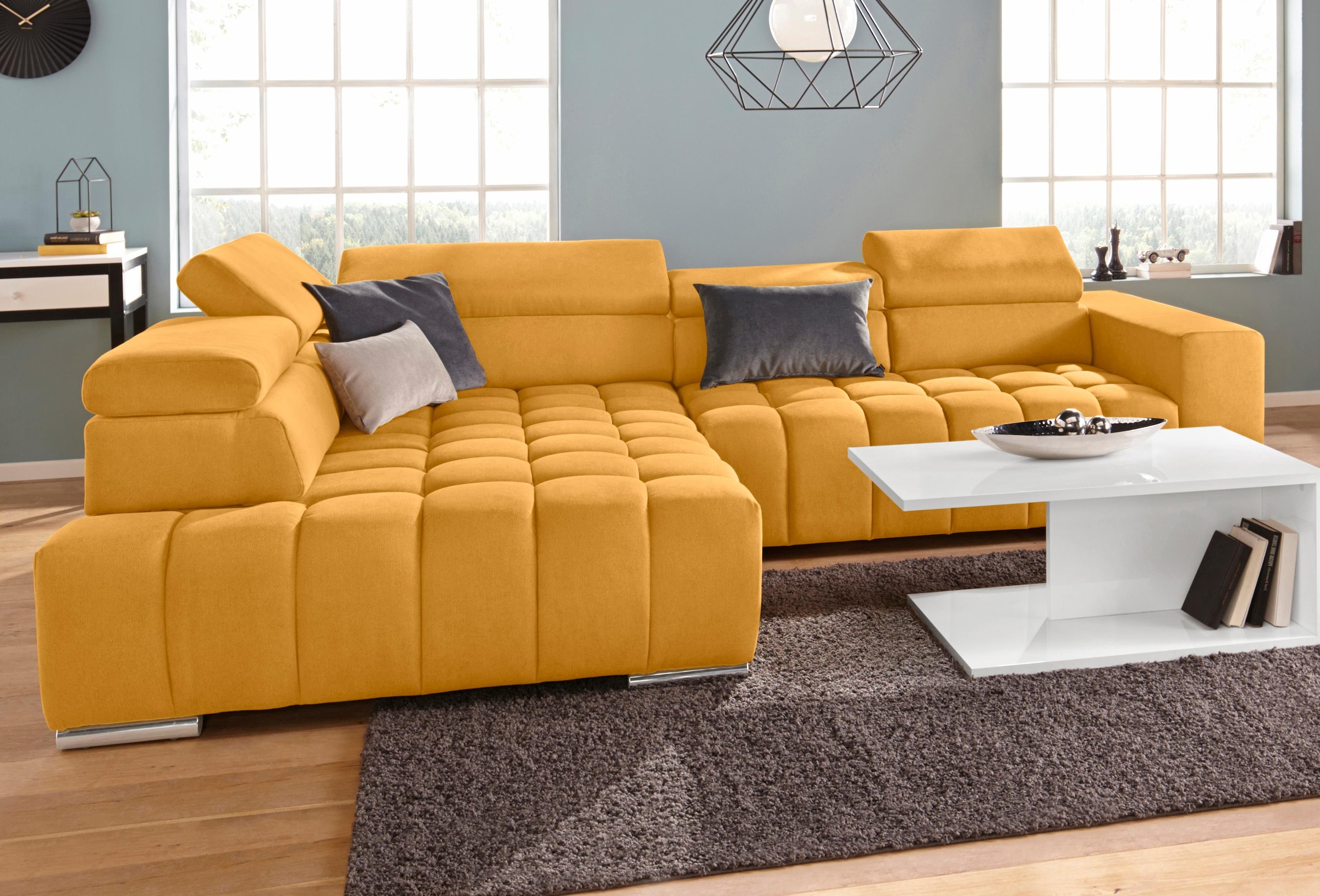 exxpo - sofa fashion Ecksofa "Elias, aktuelle Kreuzsteppung im Sitz, bequem, Breite 307cm, L-Form" mit Kopf- bzw. Rückenverstellung, wahlweise mit Bettfunktion