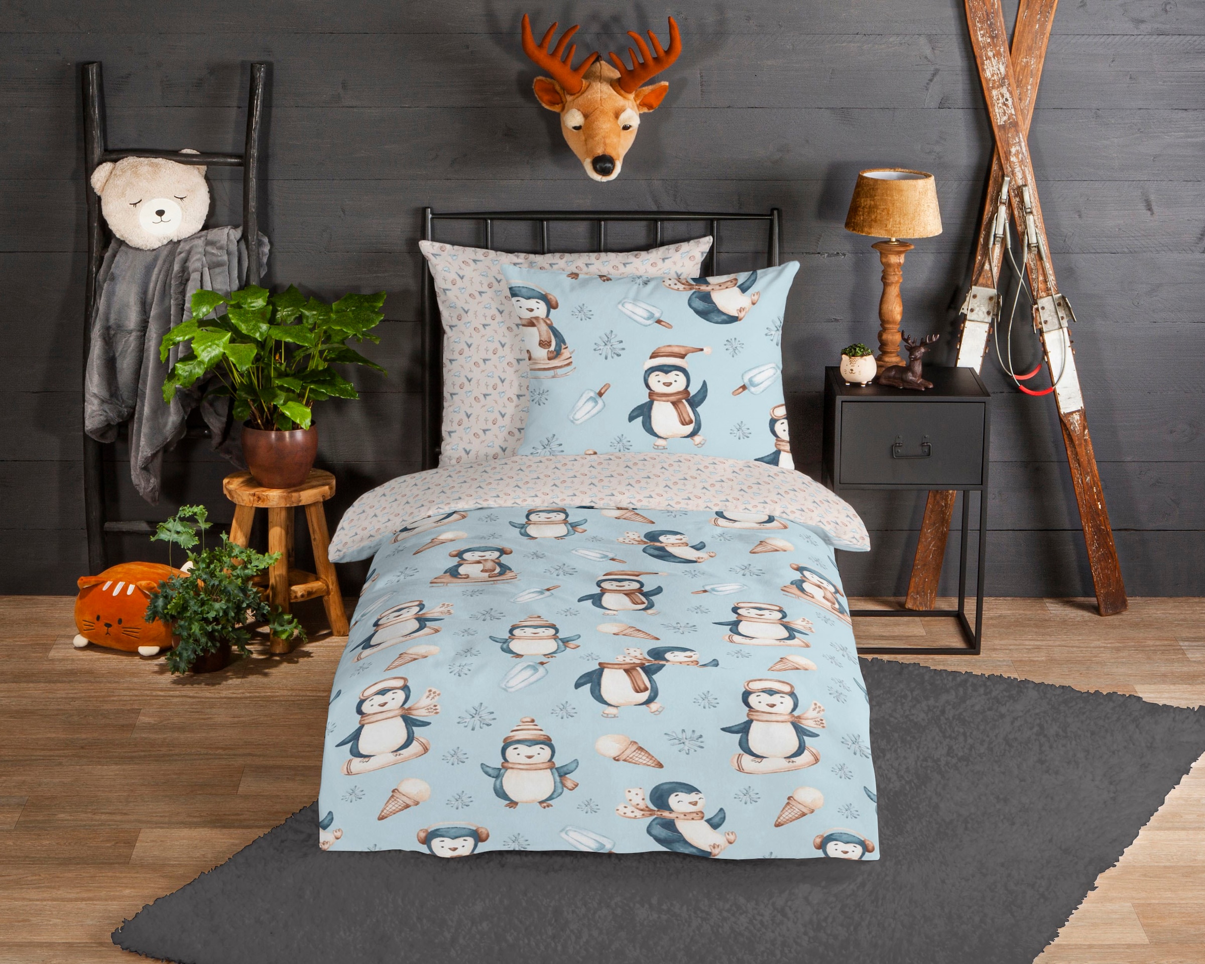 good morning Kinderbettwäsche »Jani«, Biber, 135x200, Warm, Weich, Wende, Reissverschluss, Kind, Winter, Blau