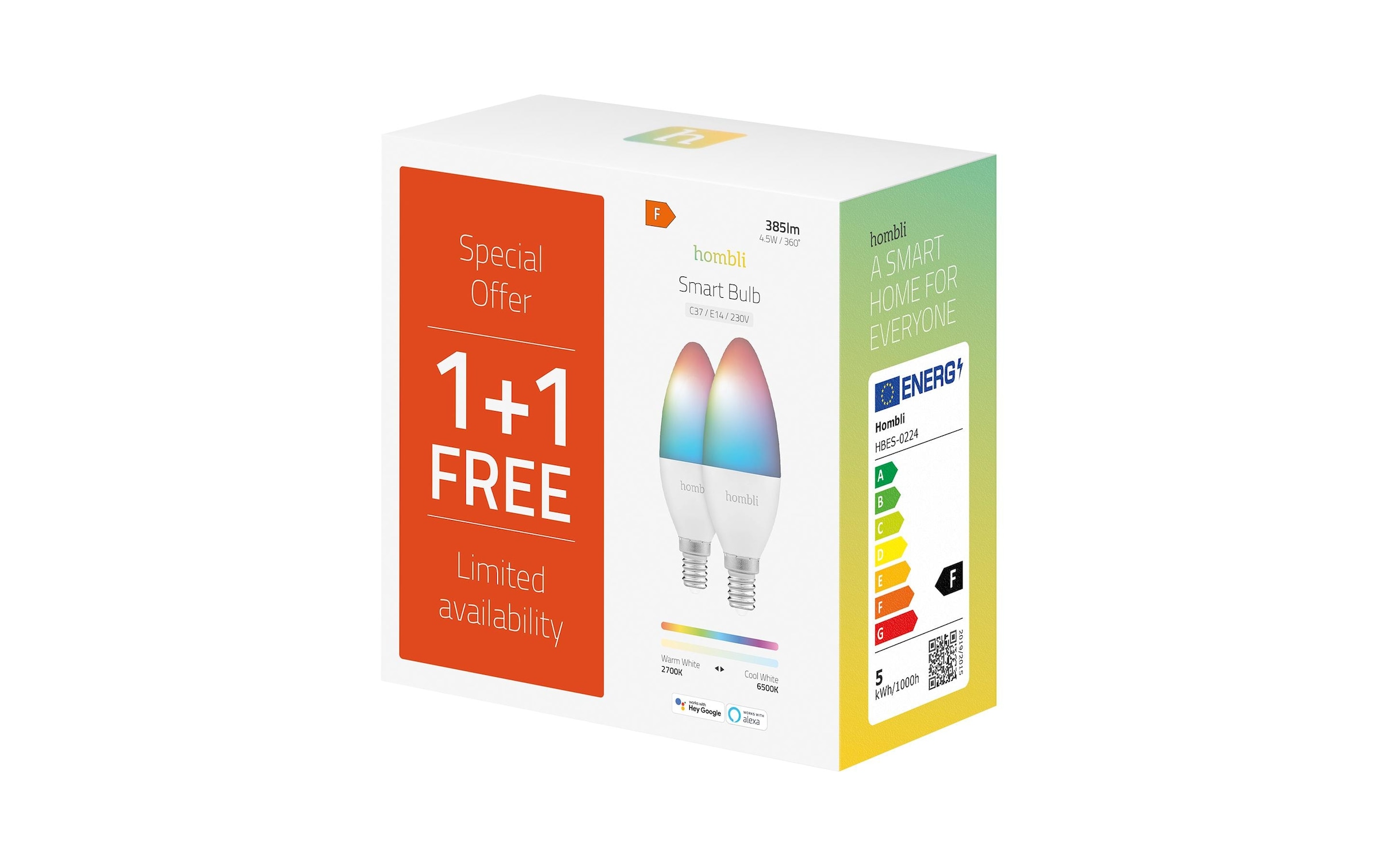LED-Leuchtmittel »hombli E14 (4.5W) RGB + CCT 1+1 Pack«, E14, Farbwechsler-Warmweiss