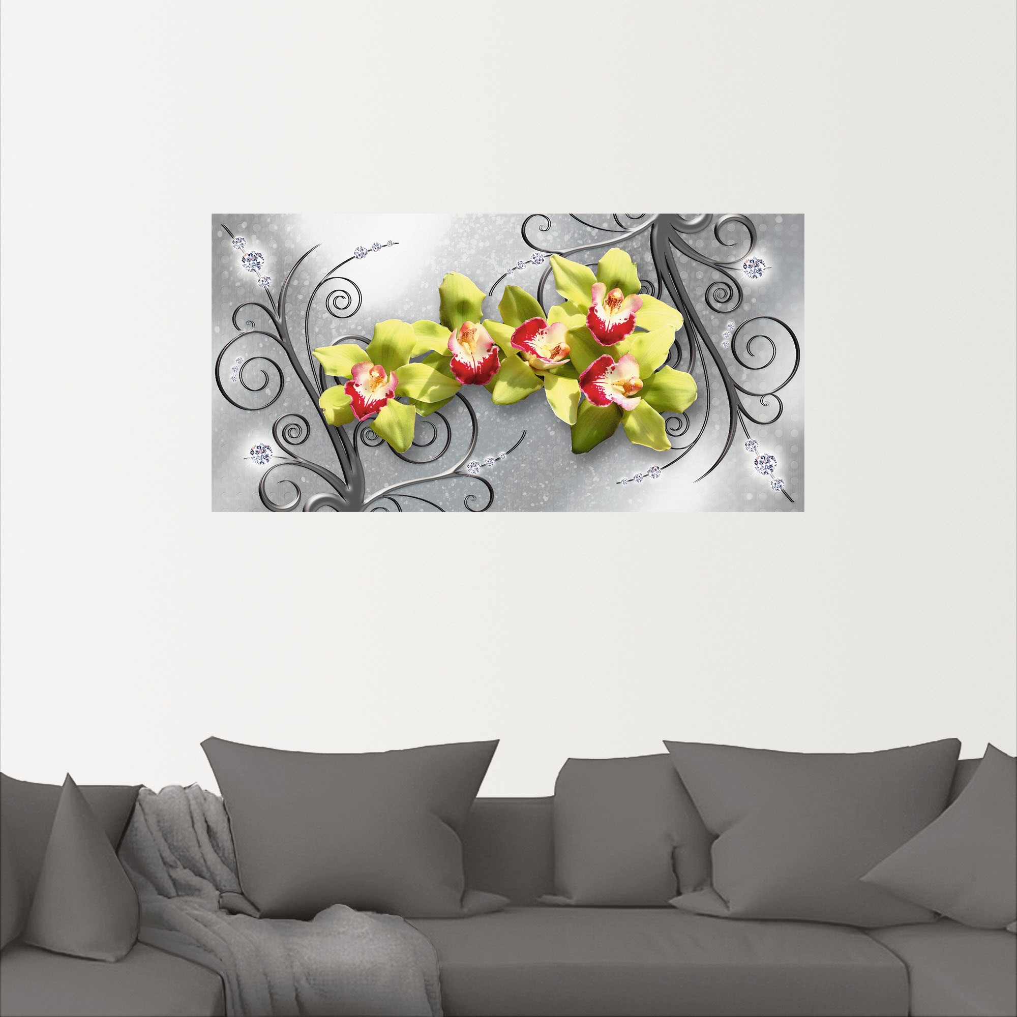 Artland Wandbild »Grüne Orchideen auf Ornamenten«, Blumenbilder, (1 St.), als Alubild, Outdoorbild, Leinwandbild, Poster, Wandaufkleber
