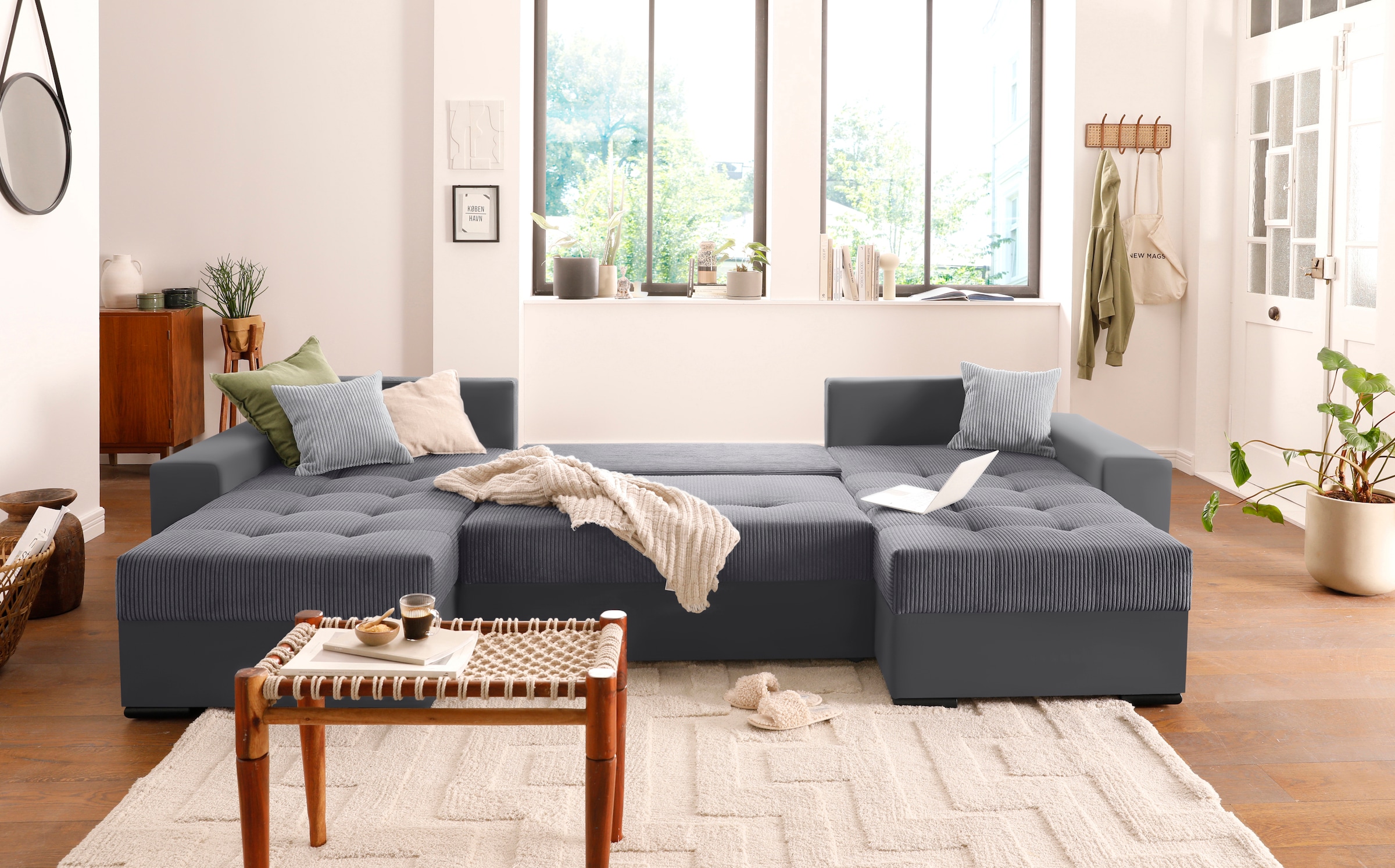 COLLECTION AB Wohnlandschaft »XL-Josy U-Form, Breite 313 cm, Cord-/Mix«, inkl. Bettfunktion, Bettkasten, mit 4 gleich grossen Rückenkissen
