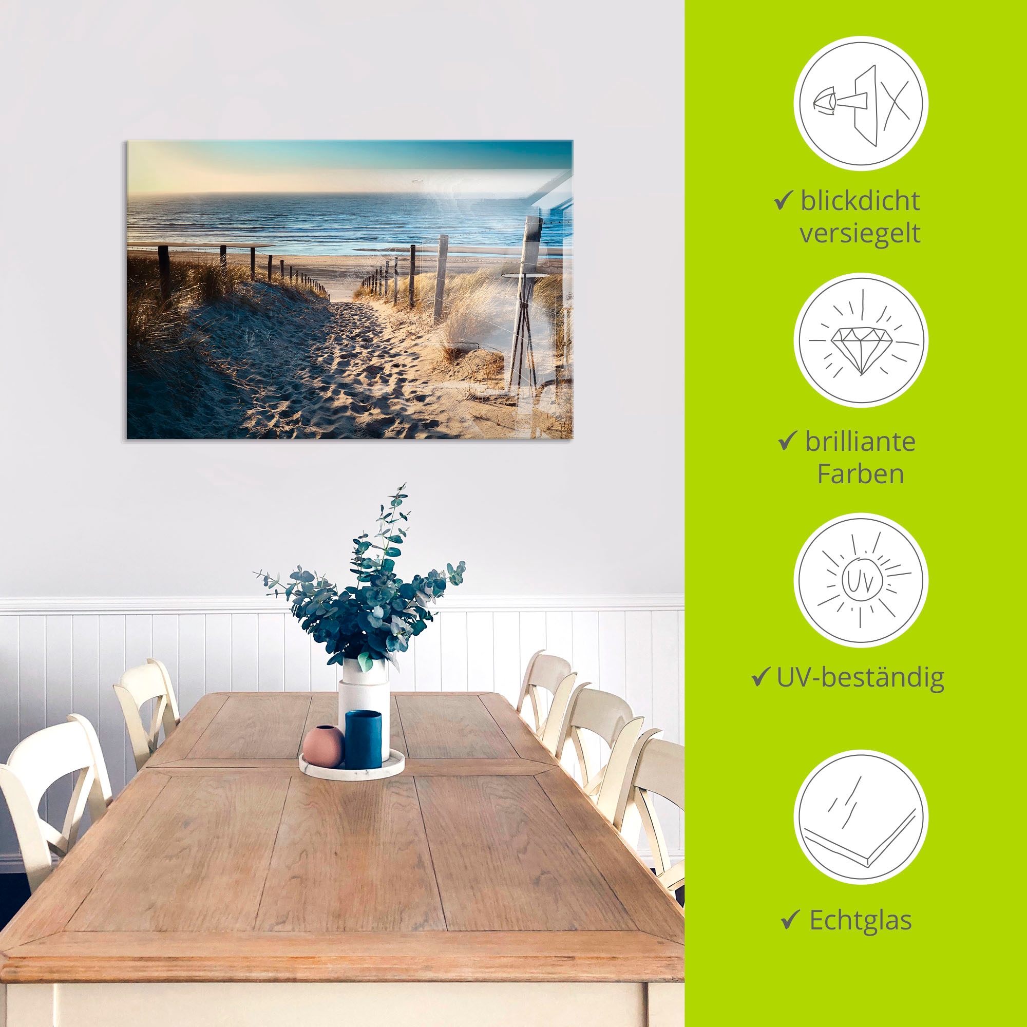 Artland Glasbild »Weg zum Nordseestrand Sonnenuntergang«, Strand, (1 St.), in verschiedenen Grössen