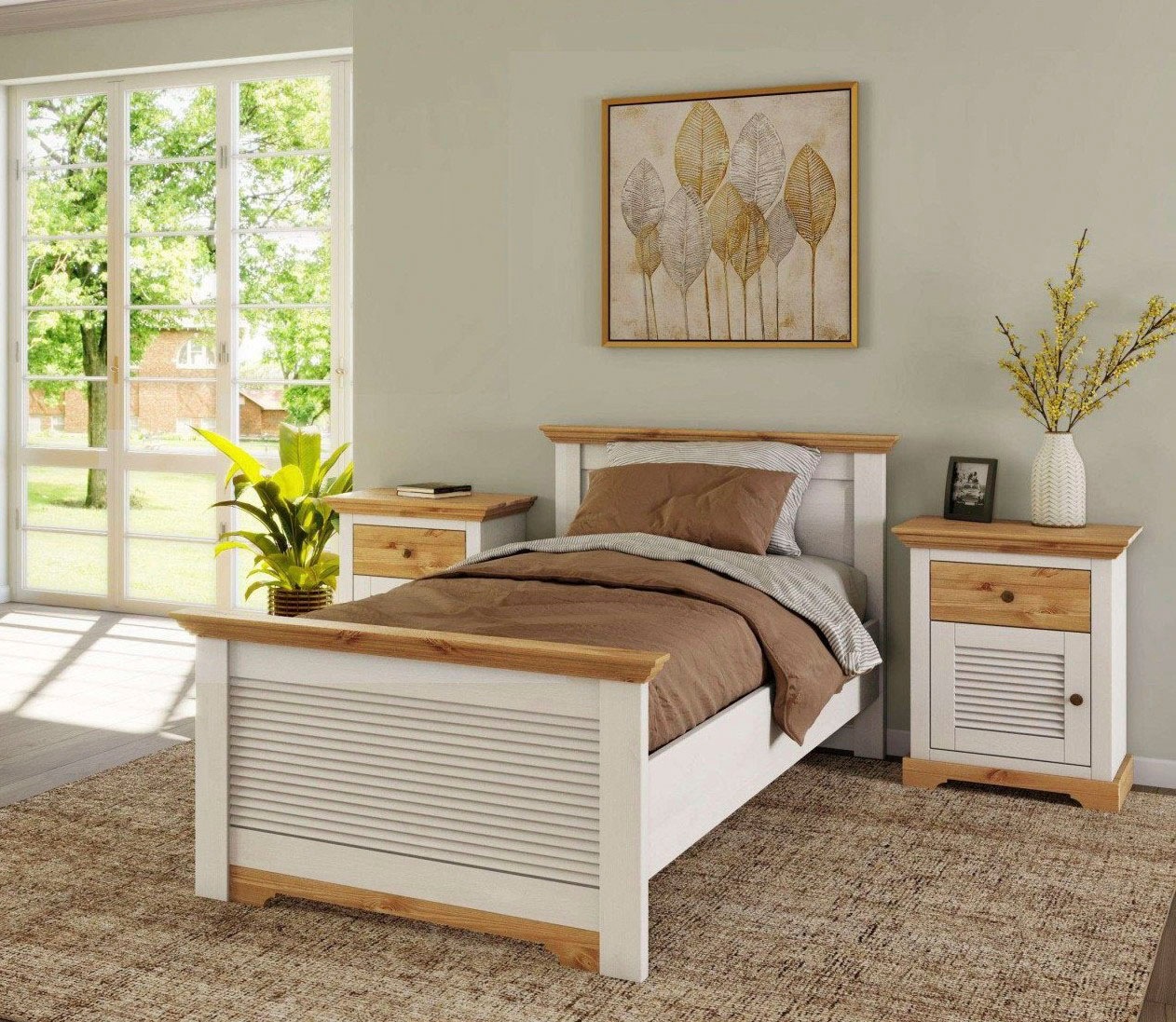 GOODproduct Bett »Rauna, Landhausstil, edles Design mit Lamellen und Kassetten, 2 Farben« Breite/Belastbarkeit 180cm=220 KG, 90cm=120KG, FSC® zertifiziertes Kieferholz, massive Qualität mit Lattenrost