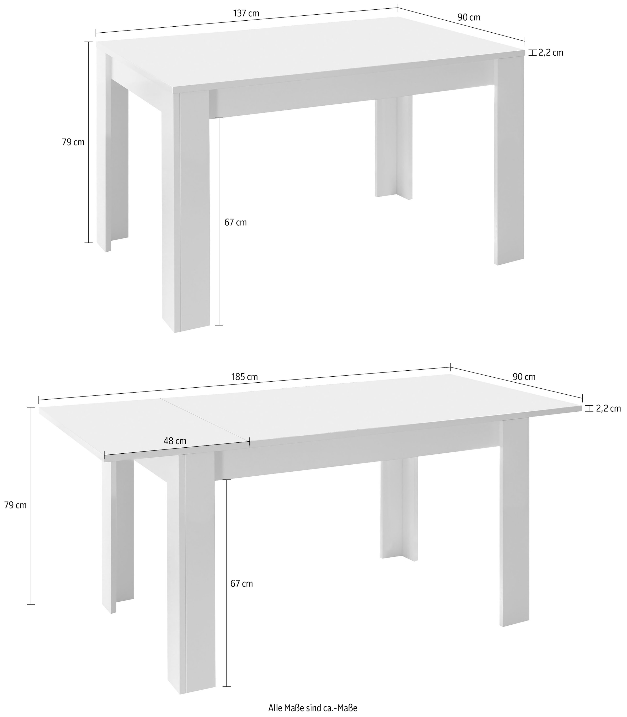 INOSIGN Esstisch »Basic 137x90x79 cm (BxTxH), Esszimmertisch Weiss Hochglanz Lack,«, moderner rechteckiger Küchentisch, ausziehbar, erweiterbar auf 185 cm