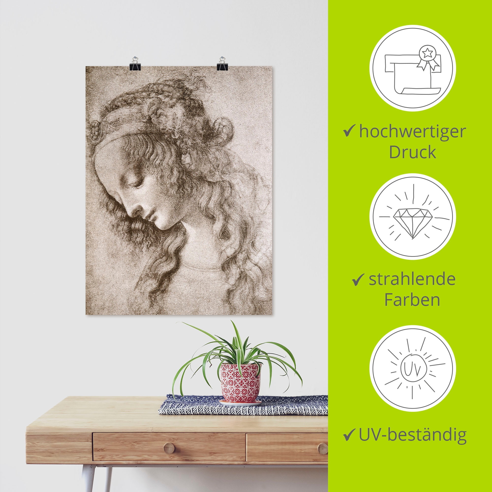 Artland Kunstdruck »Studie des Kopfes der Maria Magdalena.«, Frau, (1 St.), als Leinwandbild, Wandaufkleber oder Poster in versch. Grössen