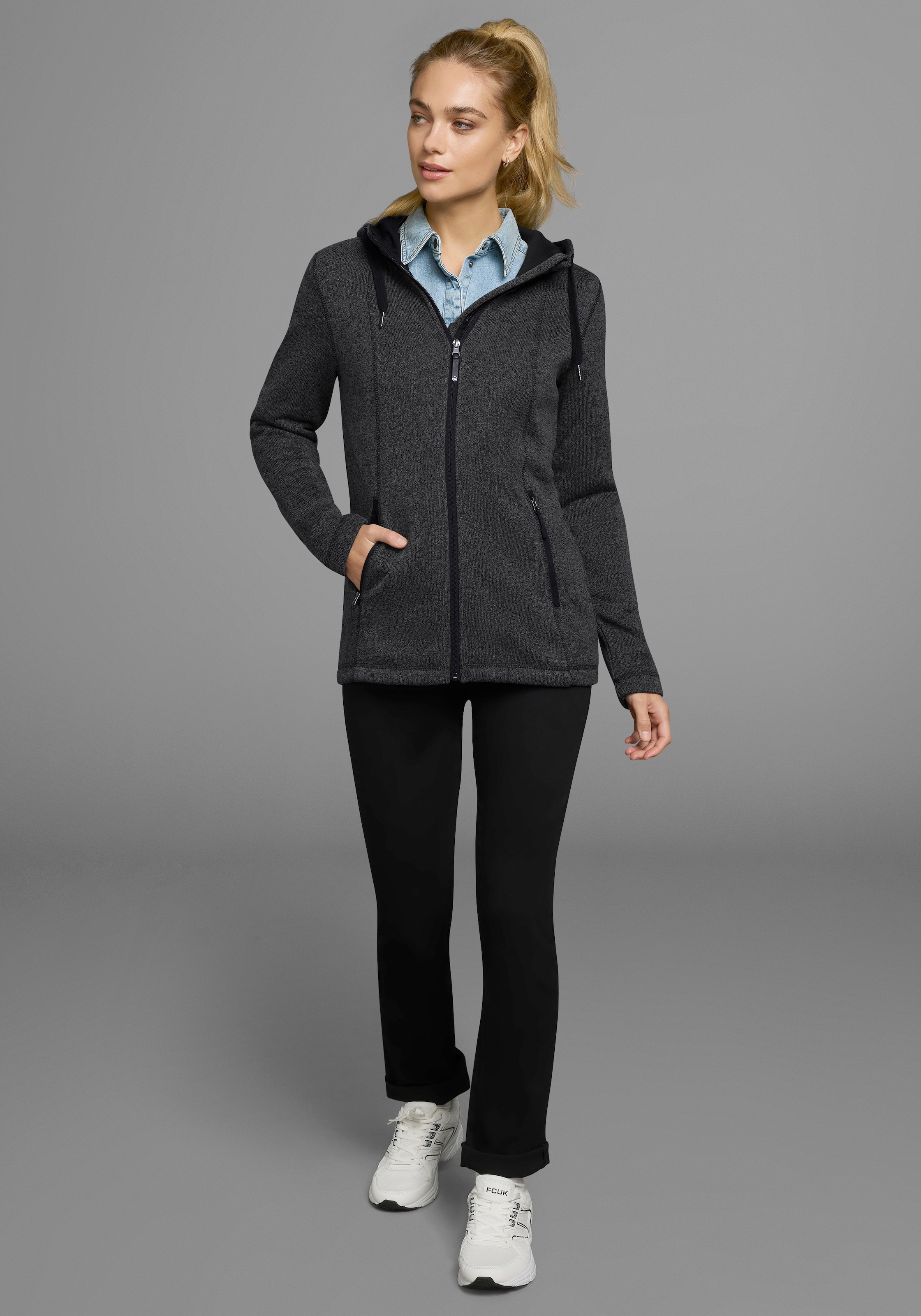Polarino Strickfleecejacke, mit Kapuze, für kalte Tage, aus Strickfleece, sportlicher Stil