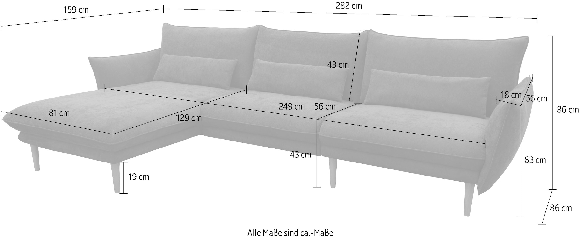 DOMO collection Ecksofa »Leuven modern mit schmalen Armlehnen, Breite 282 cm, L-Form«, angenehm feste Polsterung, bodenfrei, 19 cm hohe Holzfüsse