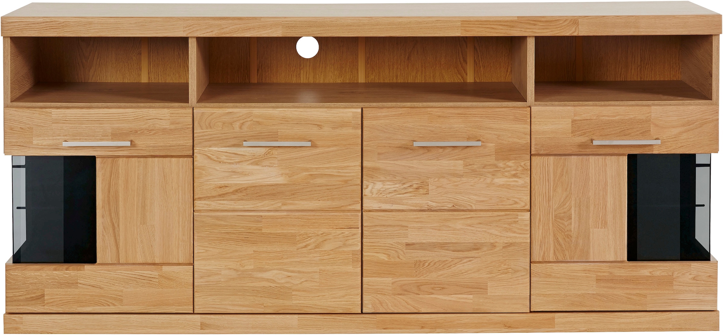 Home affaire Sideboard »Ribe,180cm breit,Fronten Masivholz,9 Fächer,4 Türen«, Holz massiv, Holzwerkstoff, Metall Griffe,2Türen mit Glaseinsatz
