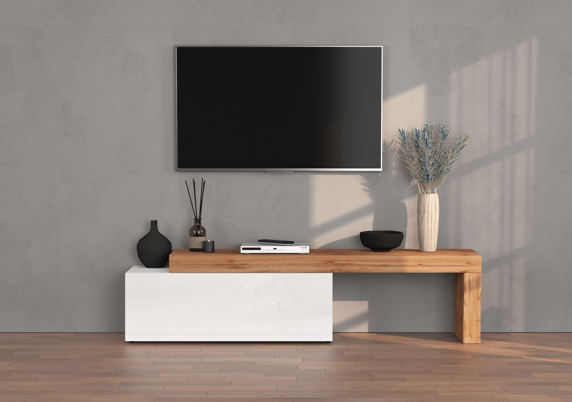 INOSIGN Lowboard »Chronos TV-Board, T-Schrank«, (1 St., Breite verstellbar von 180 bis 290 cm), Breite 240 cm TV-Board,Lowboard,1 Klappe und ein L-Förmiger Aufsatz