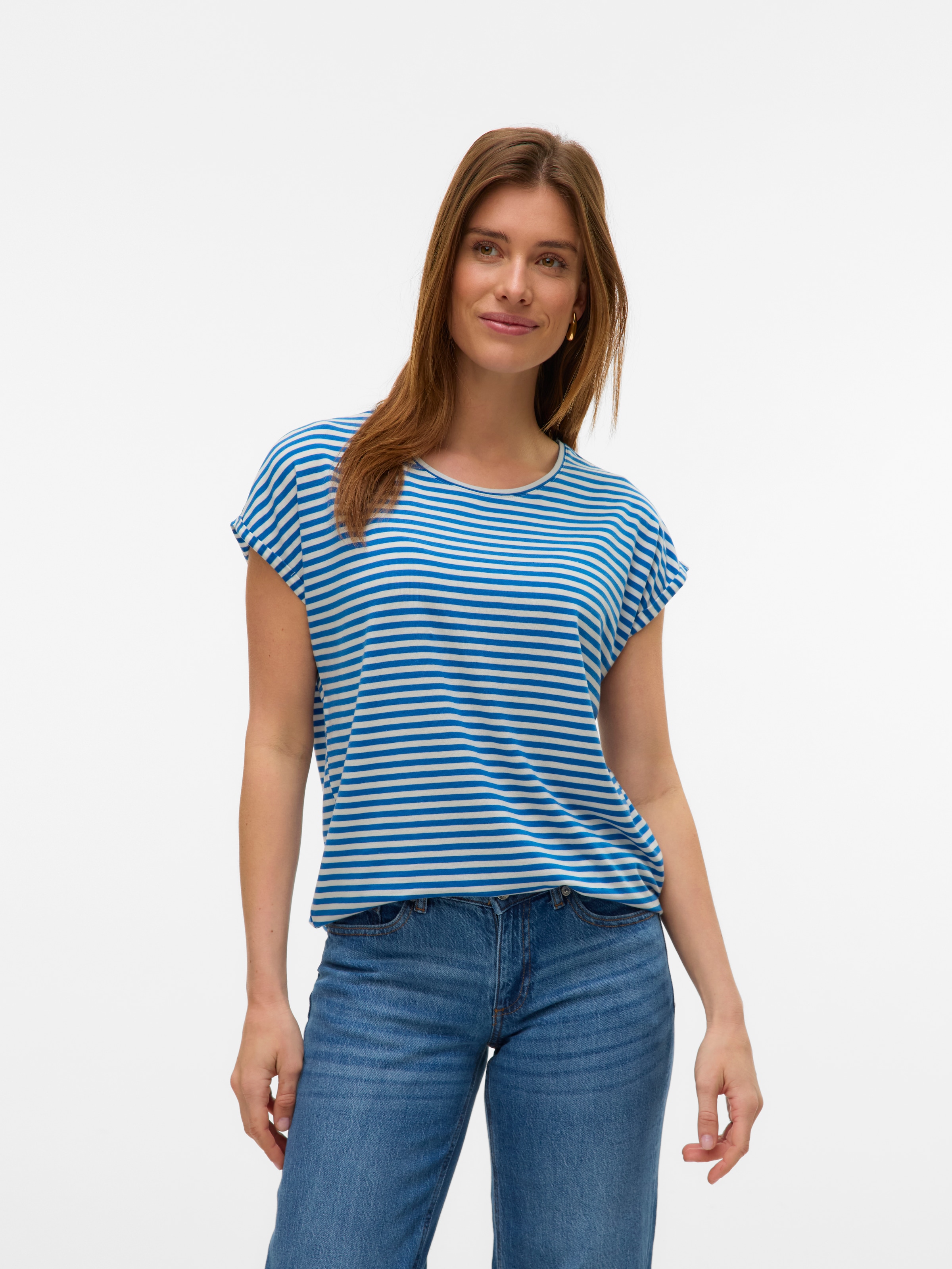 Vero Moda Rundhalsshirt »VMAVA PLAIN SS TOP STRIPE GA JRS NOOS« Materialmix, regular fit