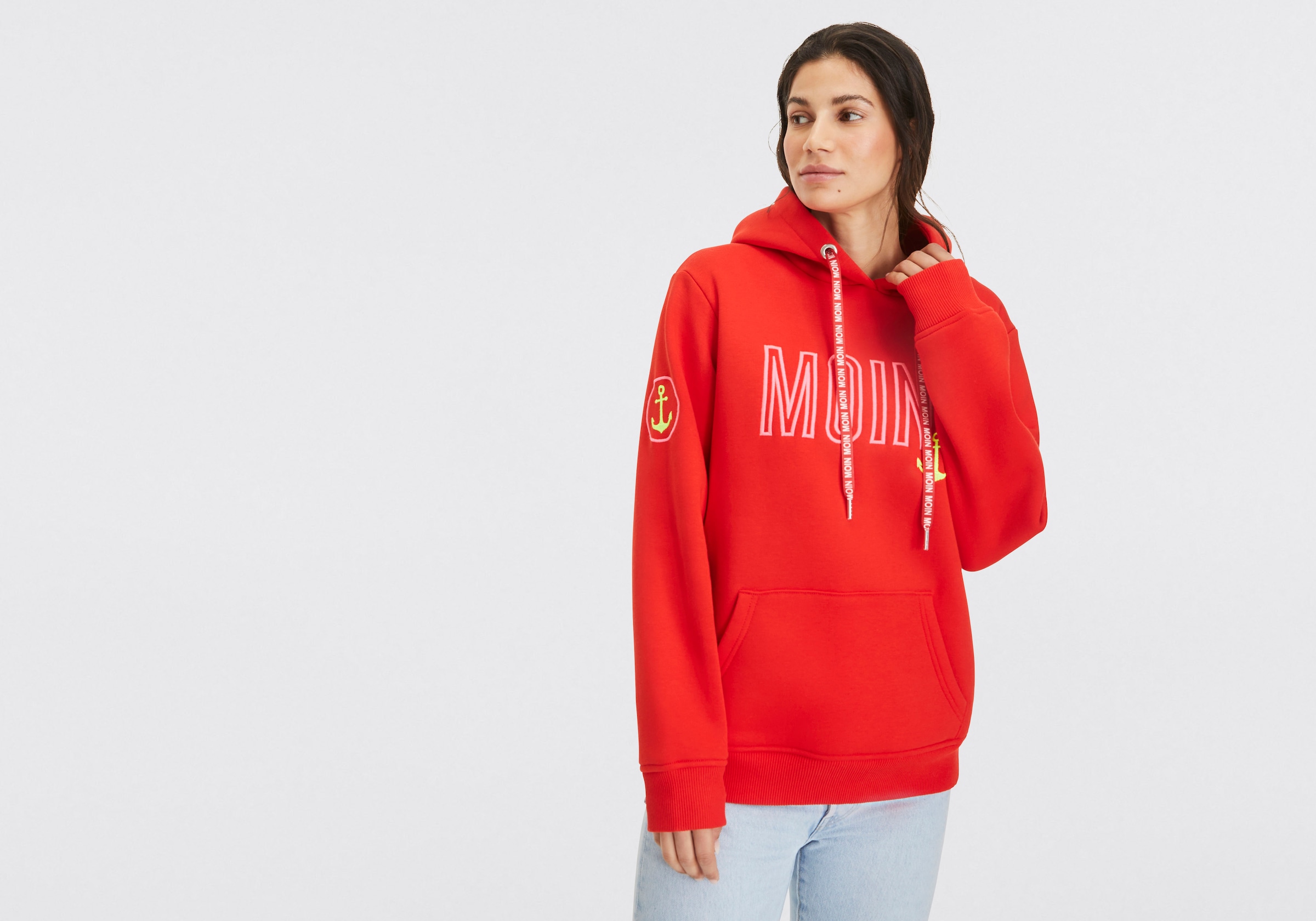 Zwillingsherz Hoodie, mit Kapuze, gesticktem "MOIN" und Anker Motiv, bedruckte Zugbänder