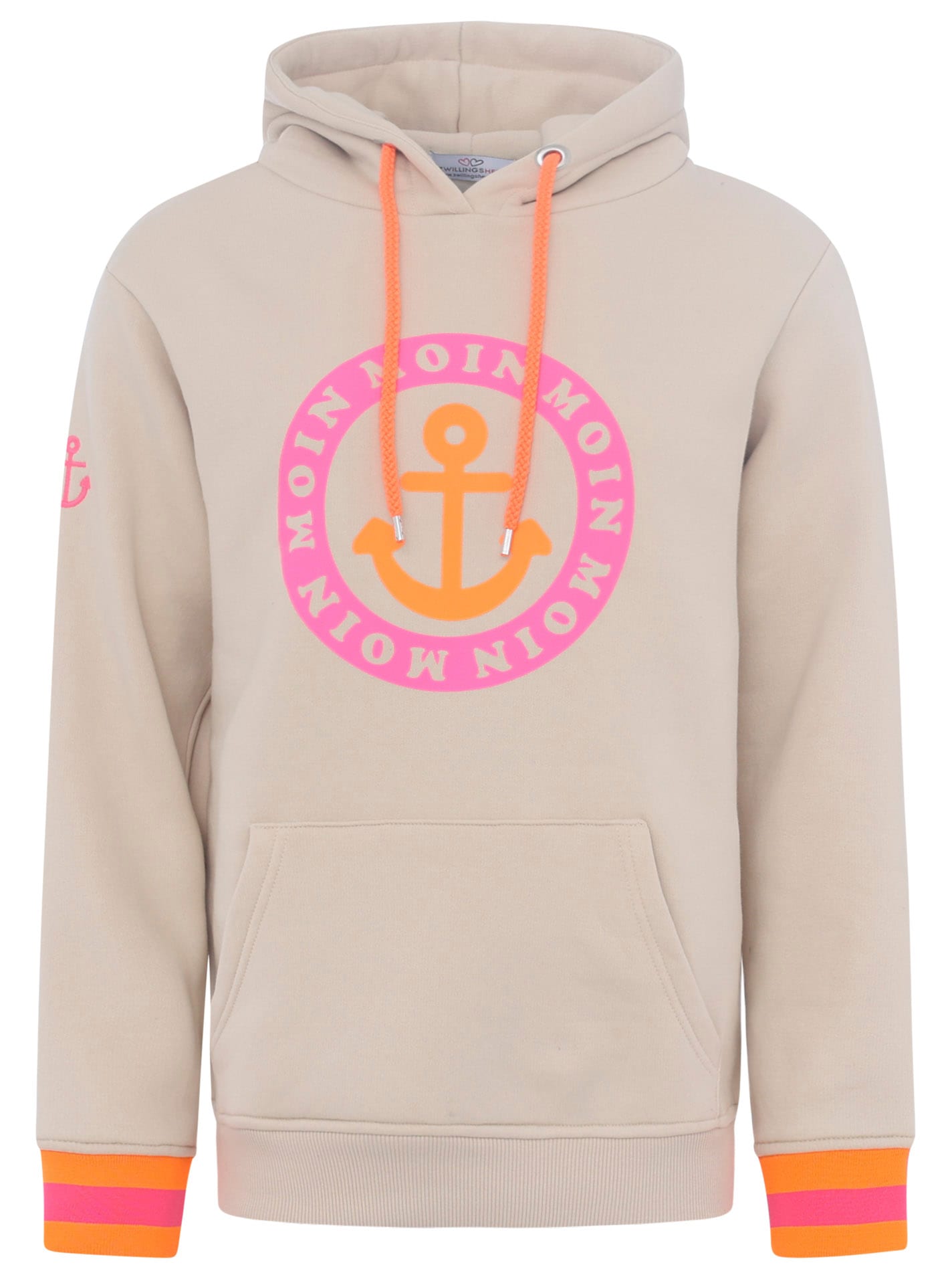Zwillingsherz Hoodie, Langarm, Kapuze, Neon-Details, Kordelzug, Frontprint, Kängurutasche