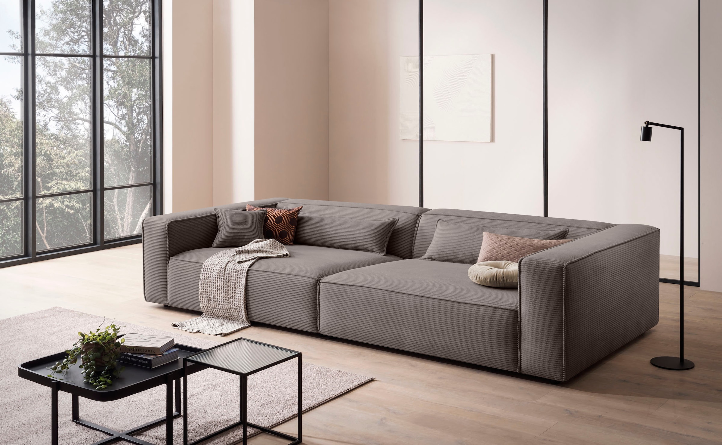 LeGer Home by Lena Gercke 3-Sitzer »PIARA XXL, Sofa mit Kedernaht in Cord, Leinenoptik o. Strukturstoff«, schwarze Füsse, bequemer Sitzkomfort, extra tiefe Sitzfläche