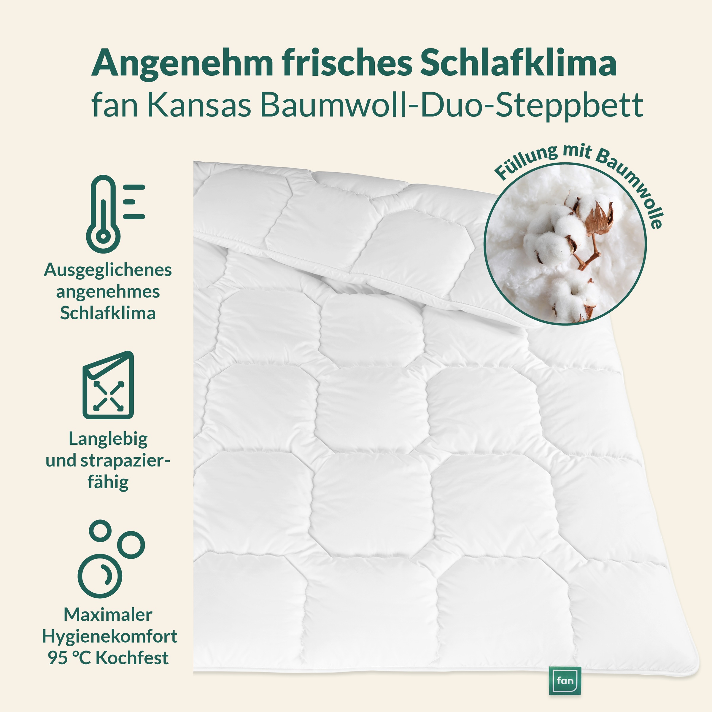 fan Baumwollbettdecke "Kansas, Bettdecken für Sommer und Winter, Decke" warm Füllung 100% Baumwolle 1 Stk. tlg. Bettdecke 135x200 cm, 155x220 cm und weiteren Größen, Made in Germany