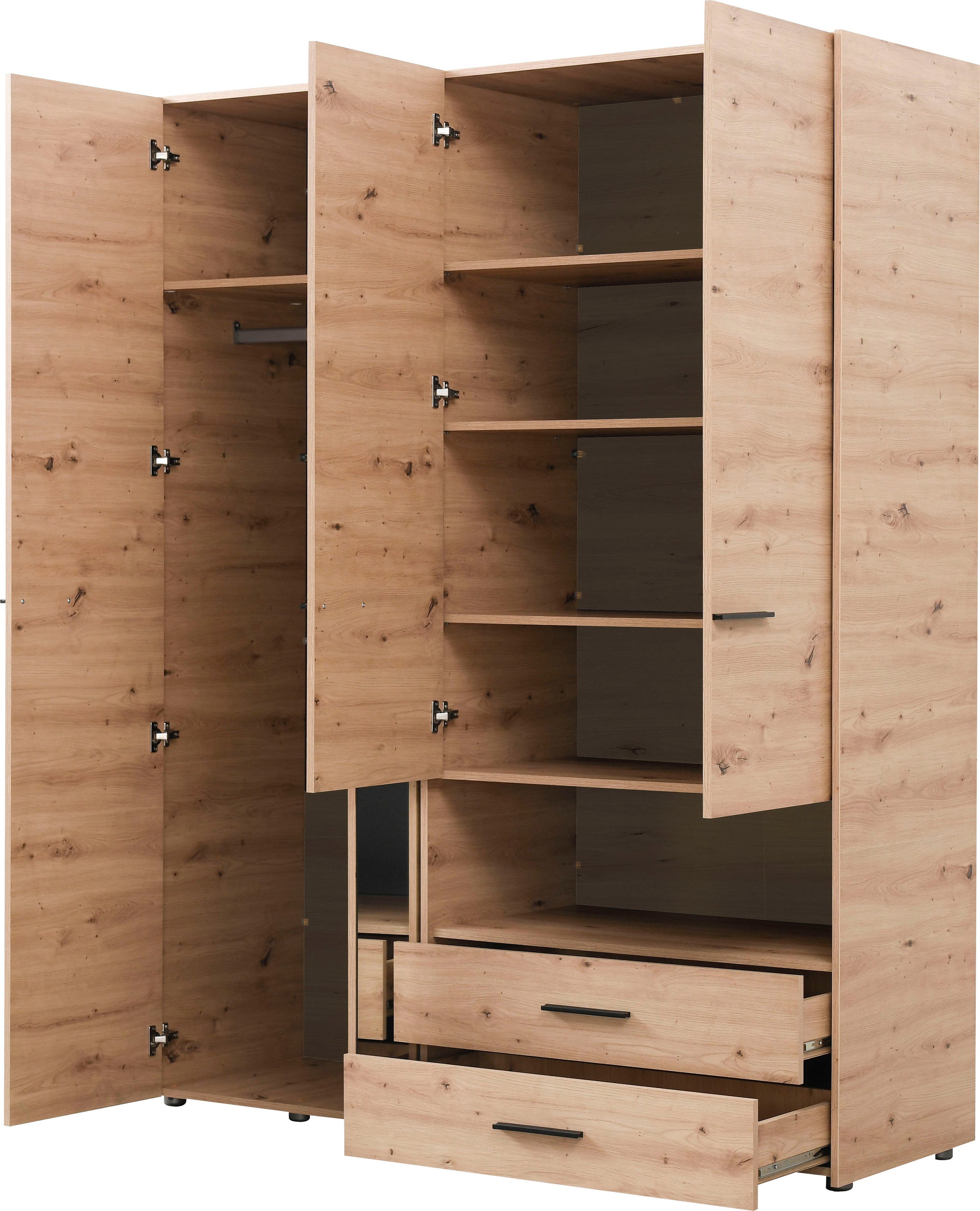 INOSIGN Kleiderschrank »Leon, FSC® -zertifiziertem Holzwerkstoff«, mit Spiegel, Innenausstattung und 2 Schubladen, 127,5x55x205,5cm
