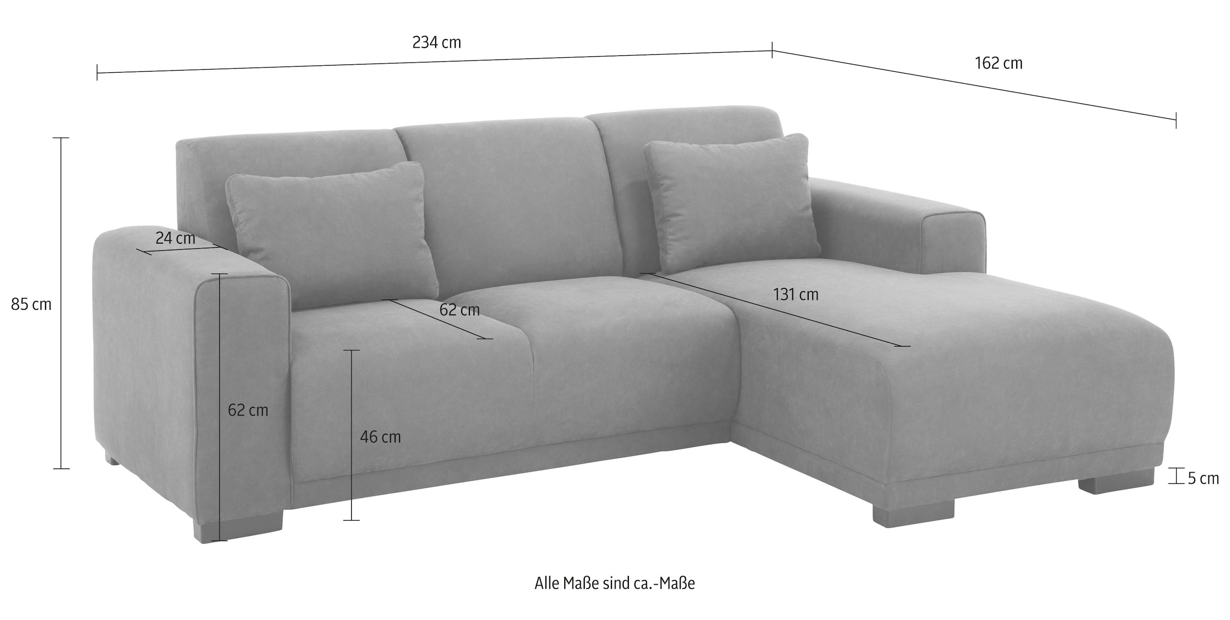 Home affaire Ecksofa »BORNHOLM L-Form mit Recamiere, Masse B/T/H: 234/162/85 cm«, Recamiere links oder rechts bestellbar, Wellenfederung, inkl. 2 Kissen